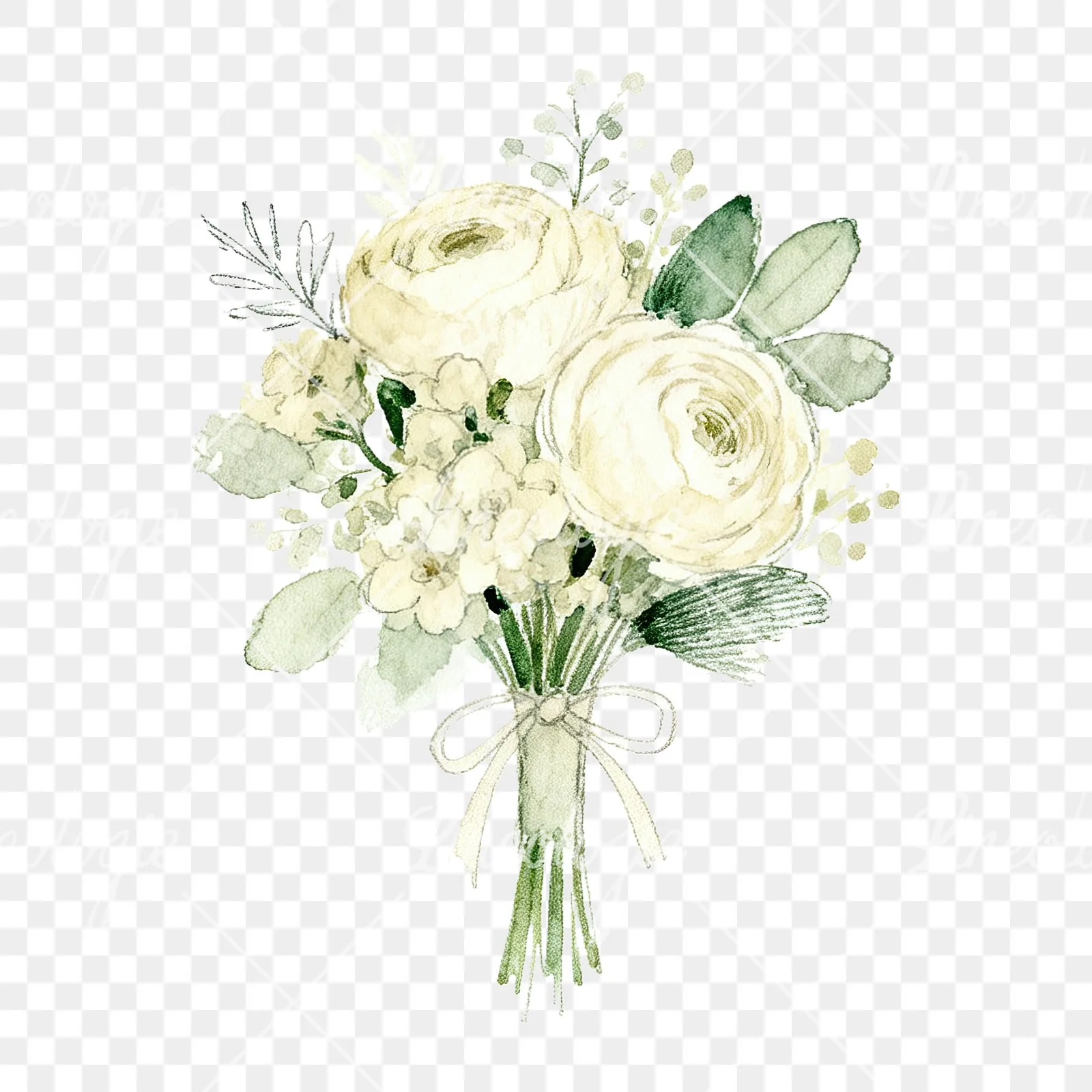 Watercolor cream wedding bouquet clipart 9 of 9 on a transparent background (PNG)