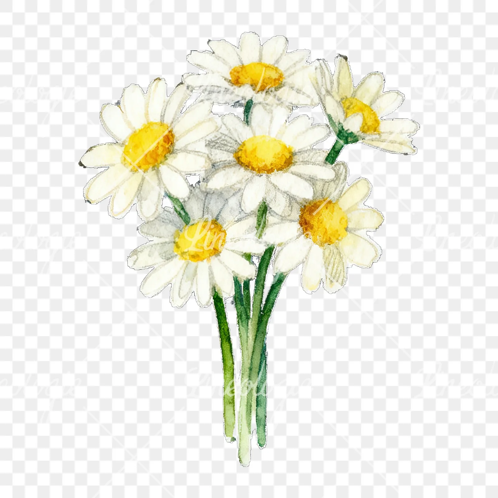 Watercolor dense white daisy bouquet clipart 5 of 9 on a transparent background (PNG)