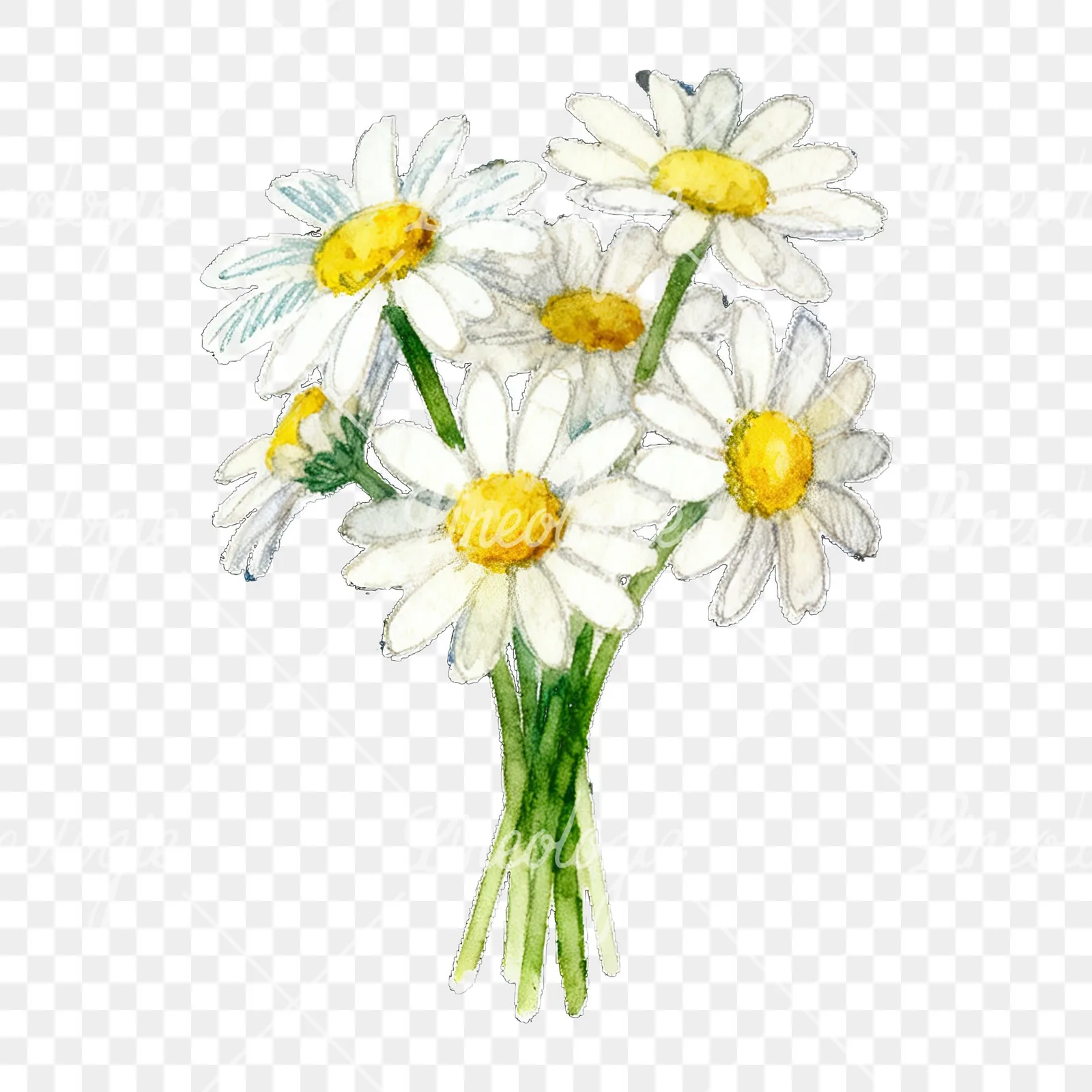 Watercolor dense white daisy bouquet clipart 7 of 9 on a transparent background (PNG)