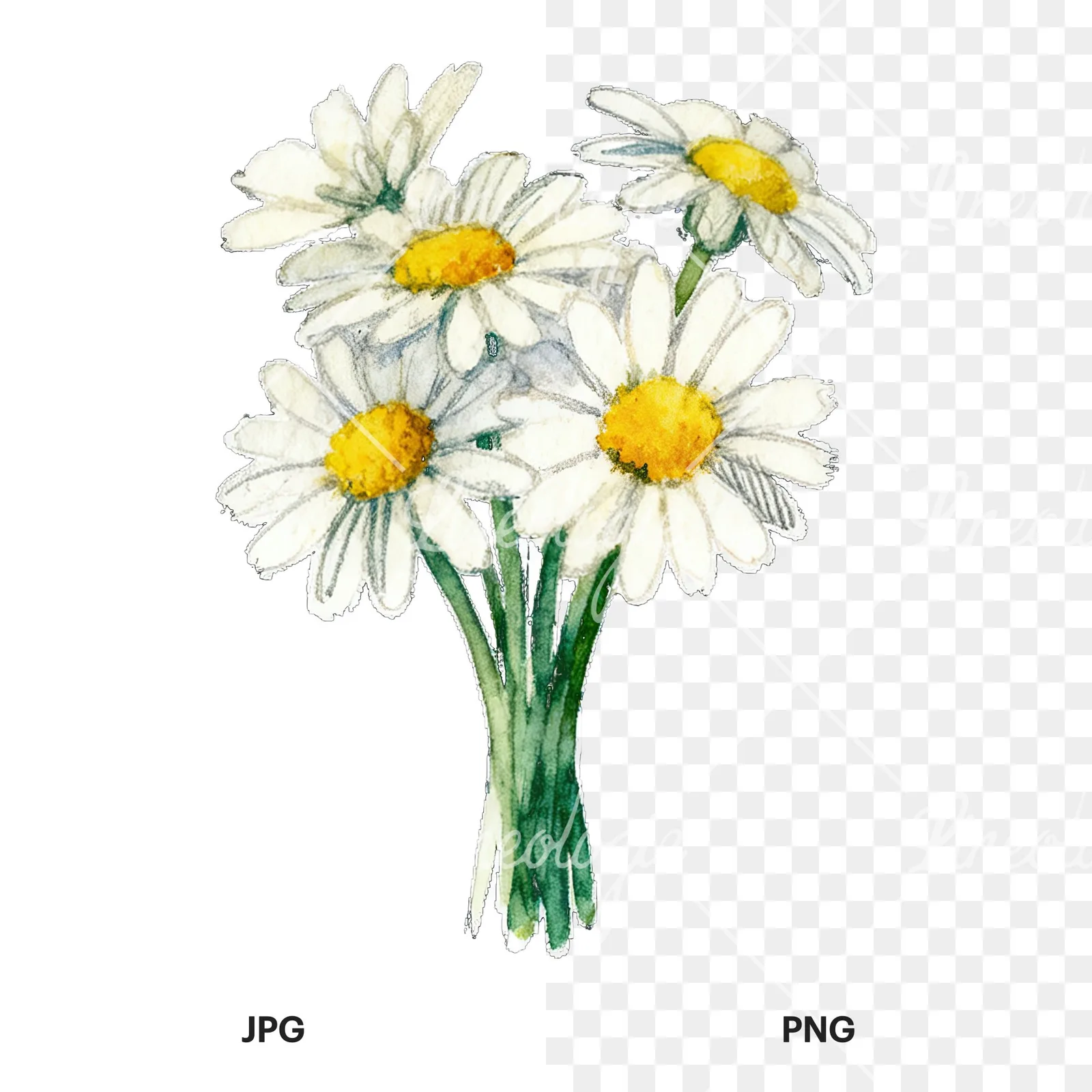 Watercolor dense white daisy bouquet clipart 8 of 9, as a JPG on white and a transparent PNG