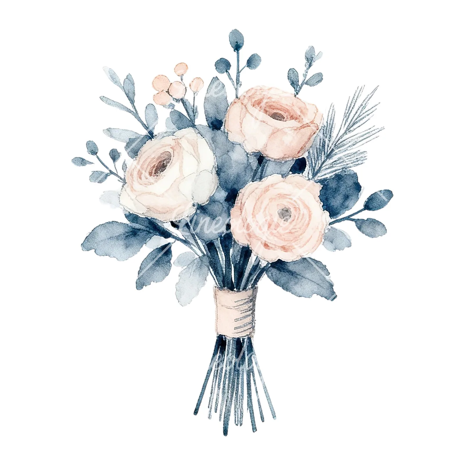 Watercolor dusty blue blush bouquet clipart 1 of 9 on a white background (JPG)