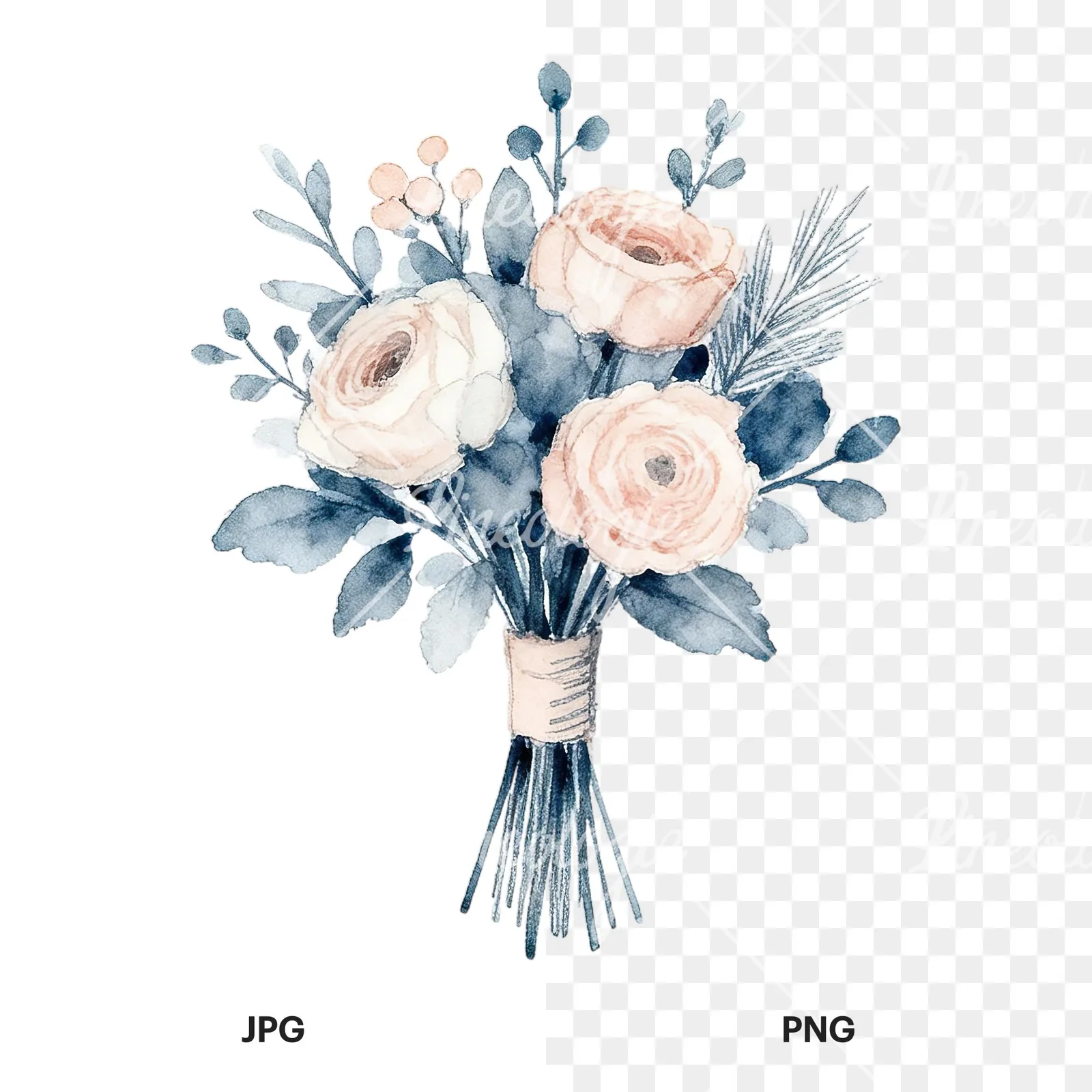 Watercolor dusty blue blush bouquet clipart 1 of 9, as a JPG on white and a transparent PNG
