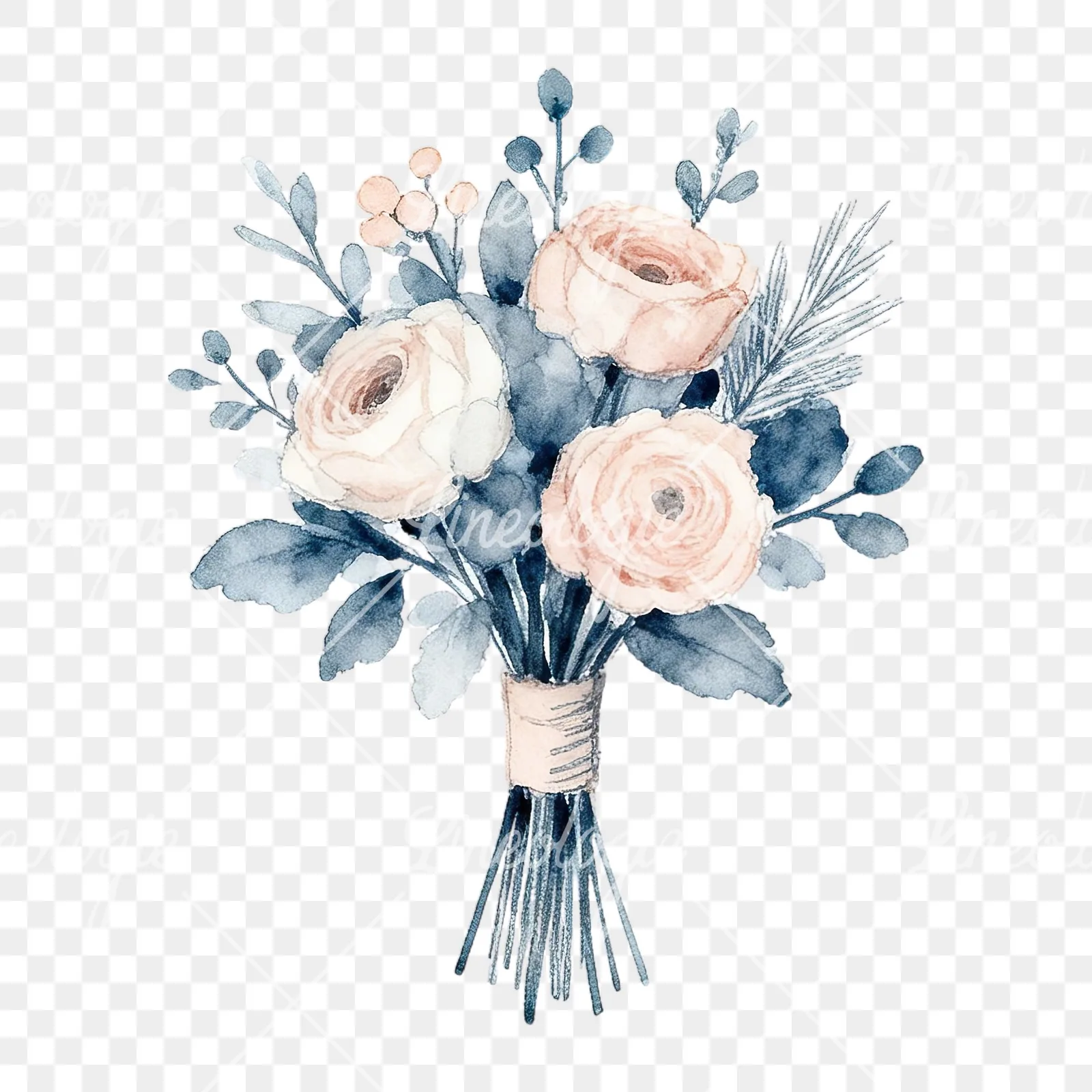 Watercolor dusty blue blush bouquet clipart 1 of 9 on a transparent background (PNG)