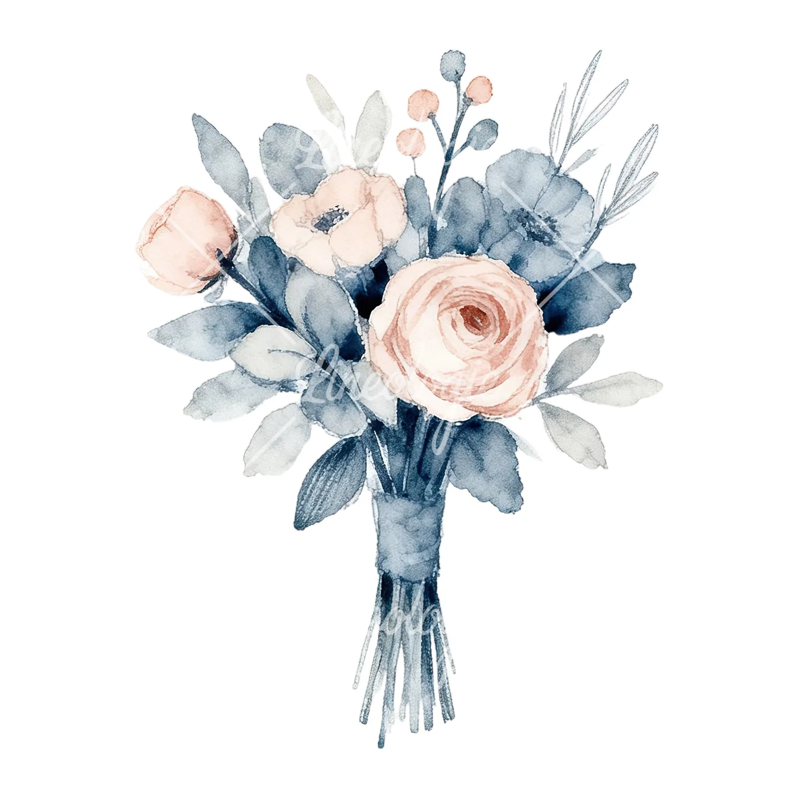 Watercolor dusty blue blush bouquet clipart 2 of 9 on a white background (JPG)