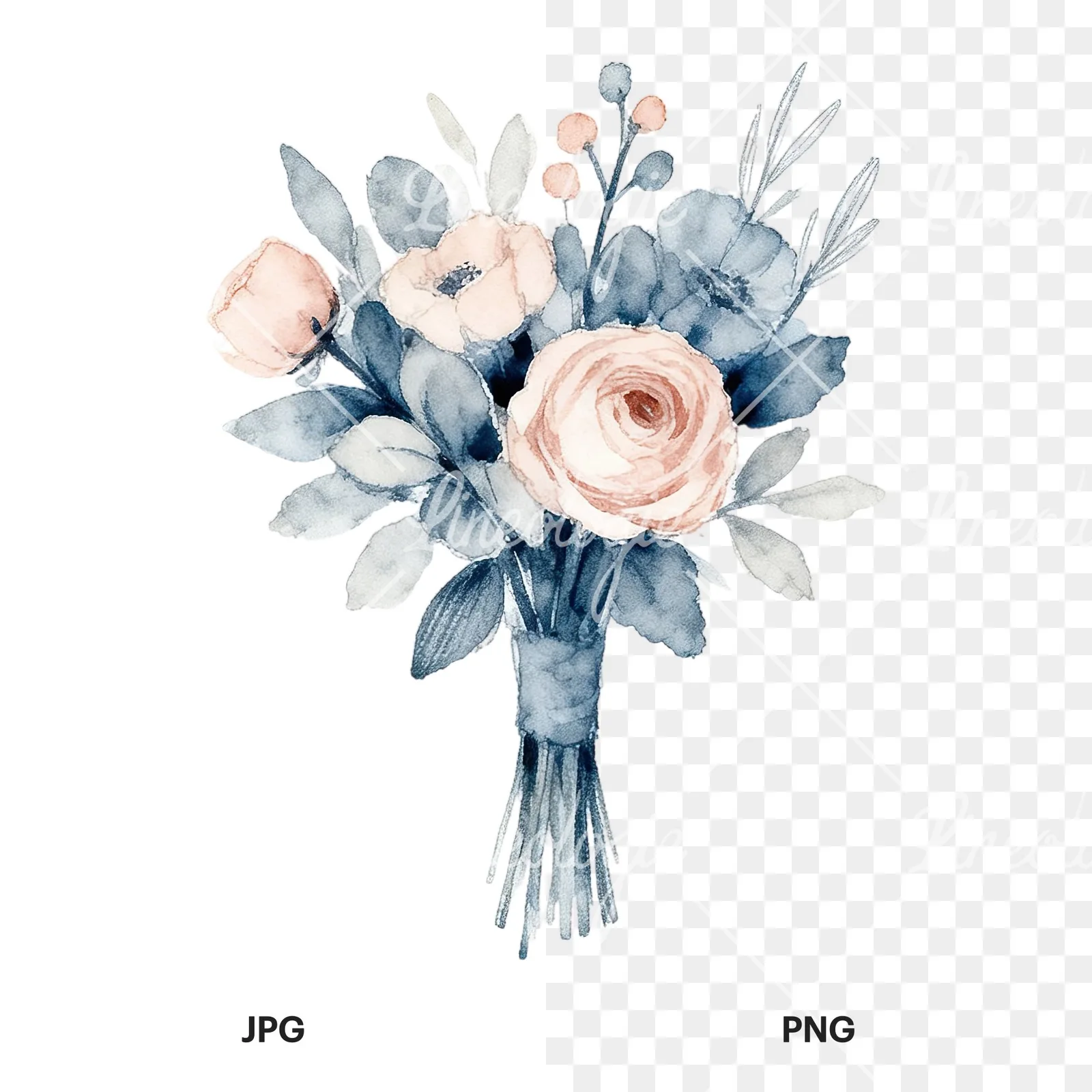 Watercolor dusty blue blush bouquet clipart 2 of 9, as a JPG on white and a transparent PNG