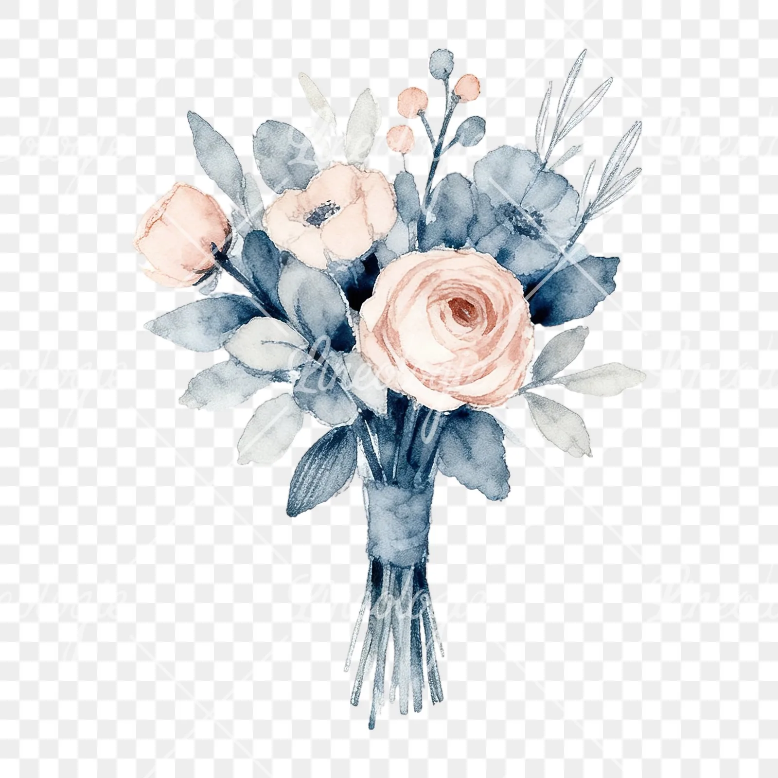 Watercolor dusty blue blush bouquet clipart 2 of 9 on a transparent background (PNG)