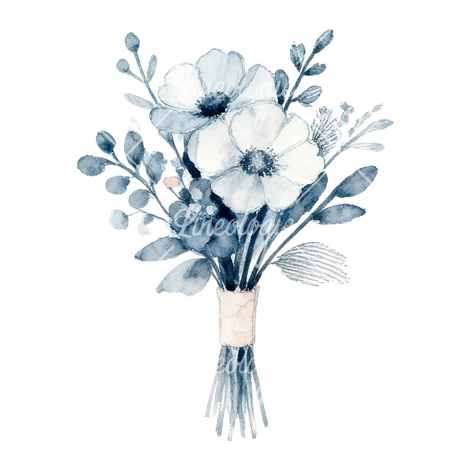 Watercolor dusty blue blush bouquet clipart 3 of 9 on a white background (JPG)
