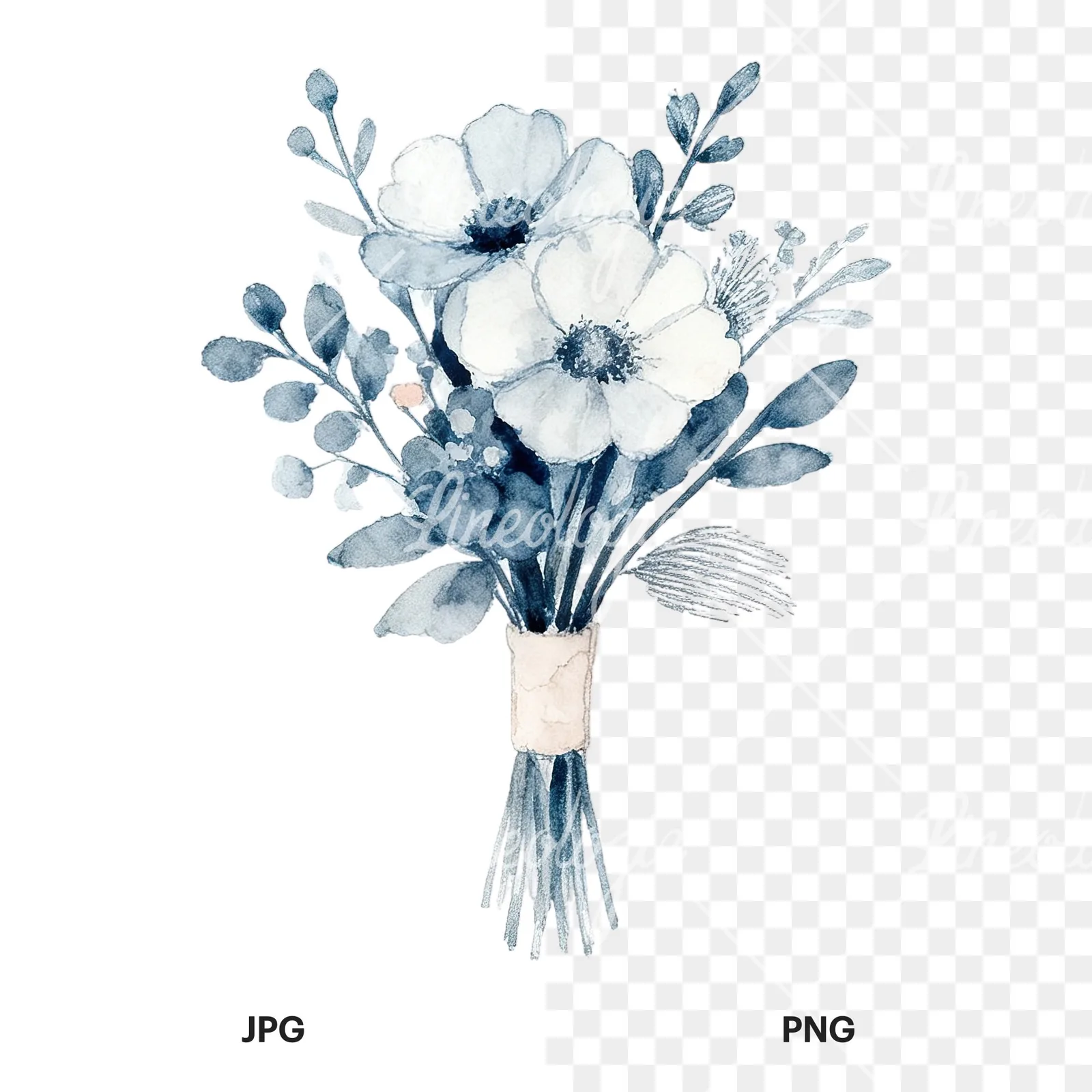 Watercolor dusty blue blush bouquet clipart 3 of 9, as a JPG on white and a transparent PNG