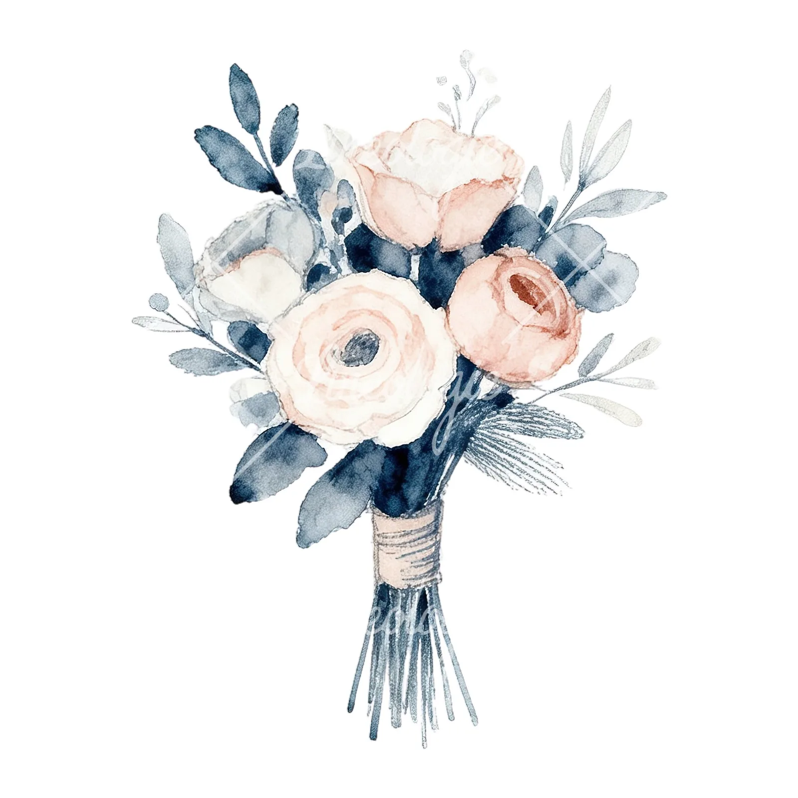 Watercolor dusty blue blush bouquet clipart 4 of 9 on a white background (JPG)