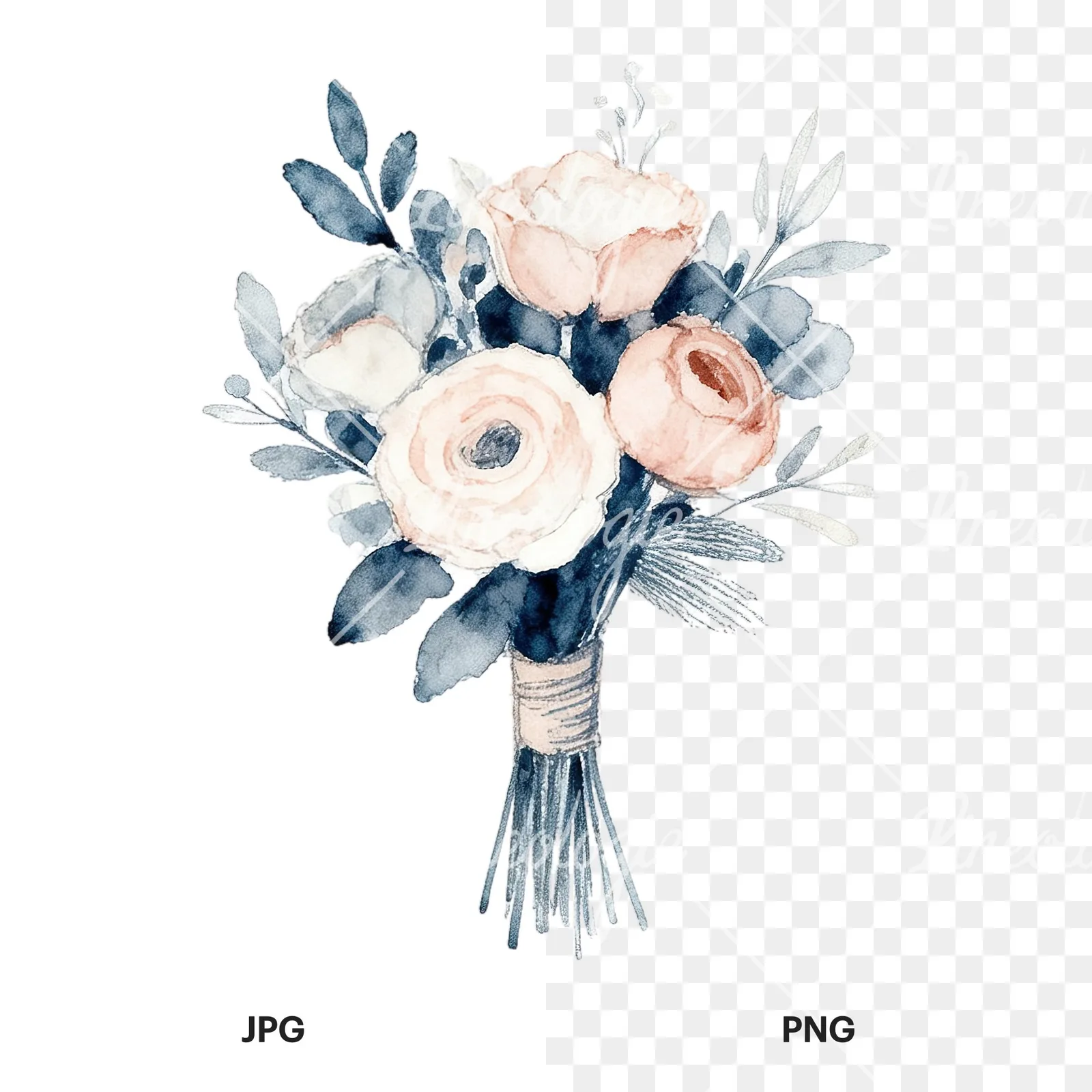 Watercolor dusty blue blush bouquet clipart 4 of 9, as a JPG on white and a transparent PNG
