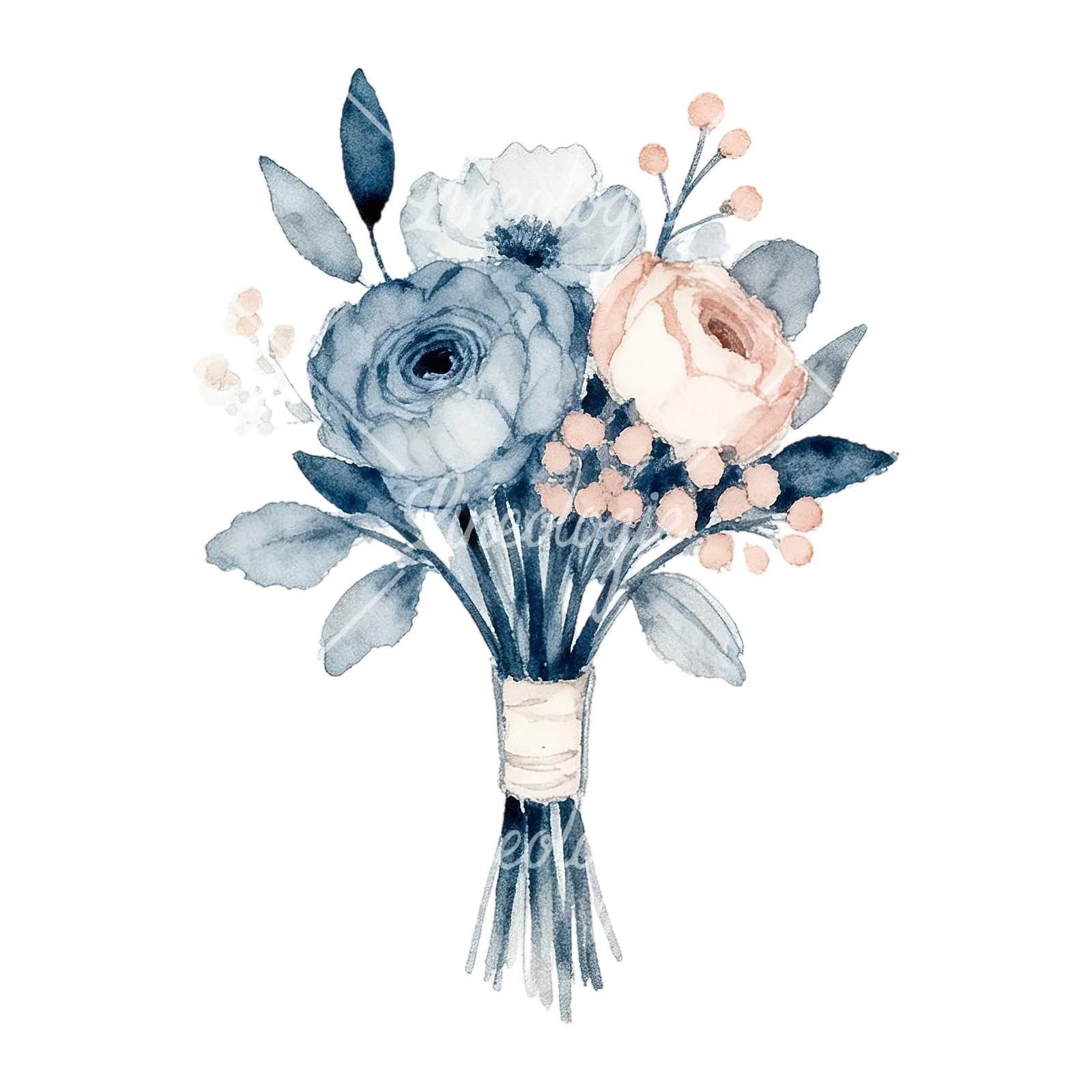 Watercolor dusty blue blush bouquet clipart 5 of 9 on a white background (JPG)
