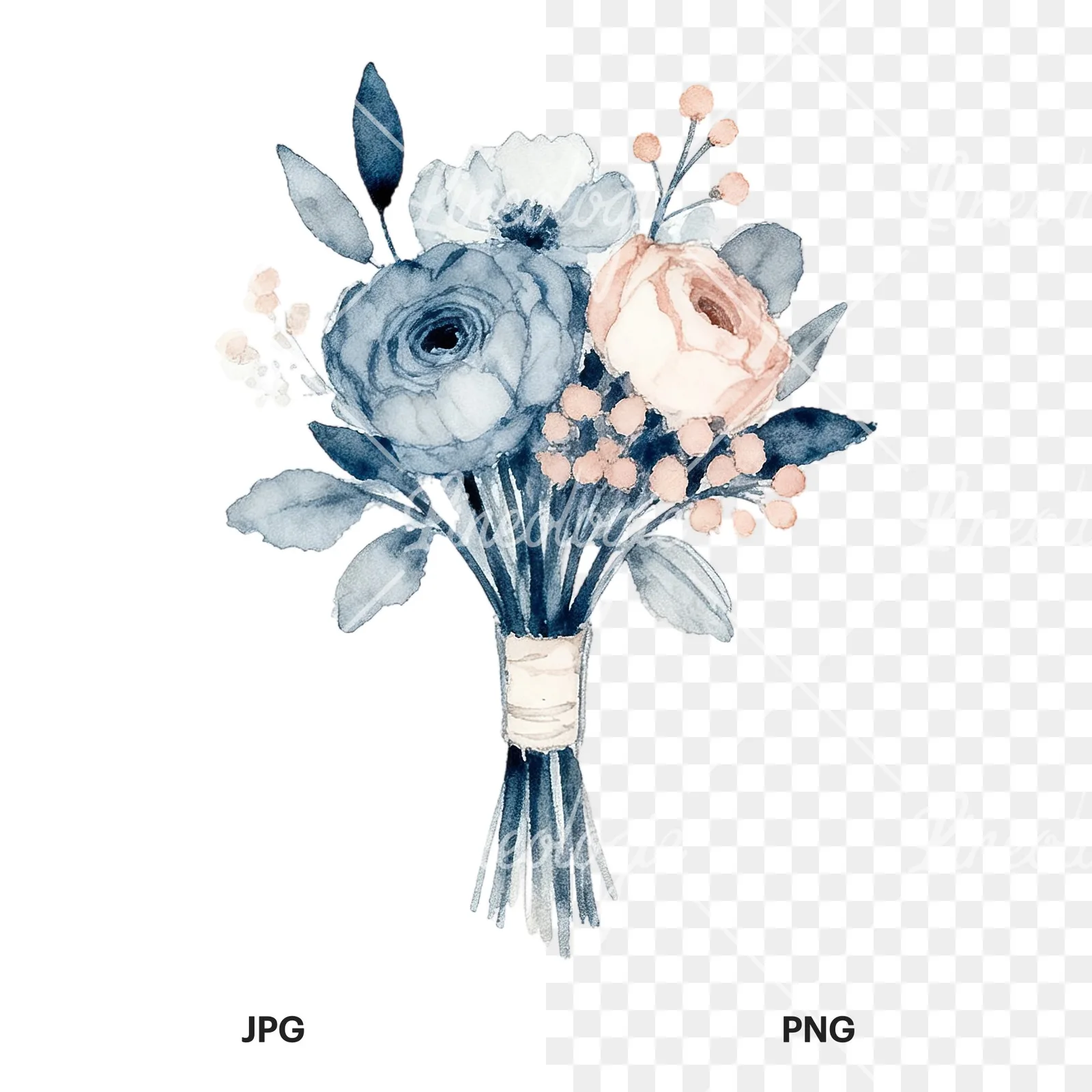 Watercolor dusty blue blush bouquet clipart 5 of 9, as a JPG on white and a transparent PNG