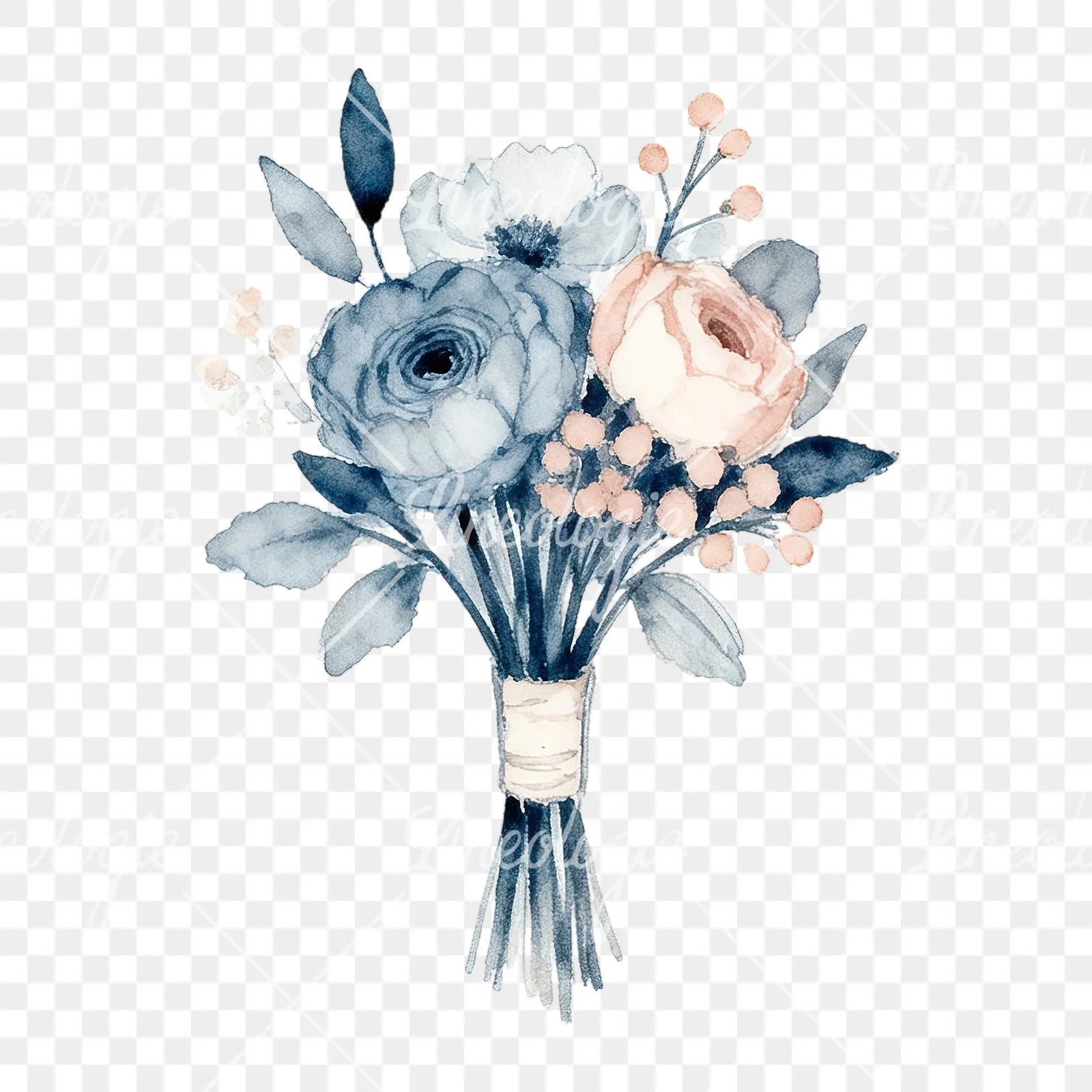Watercolor dusty blue blush bouquet clipart 5 of 9 on a transparent background (PNG)