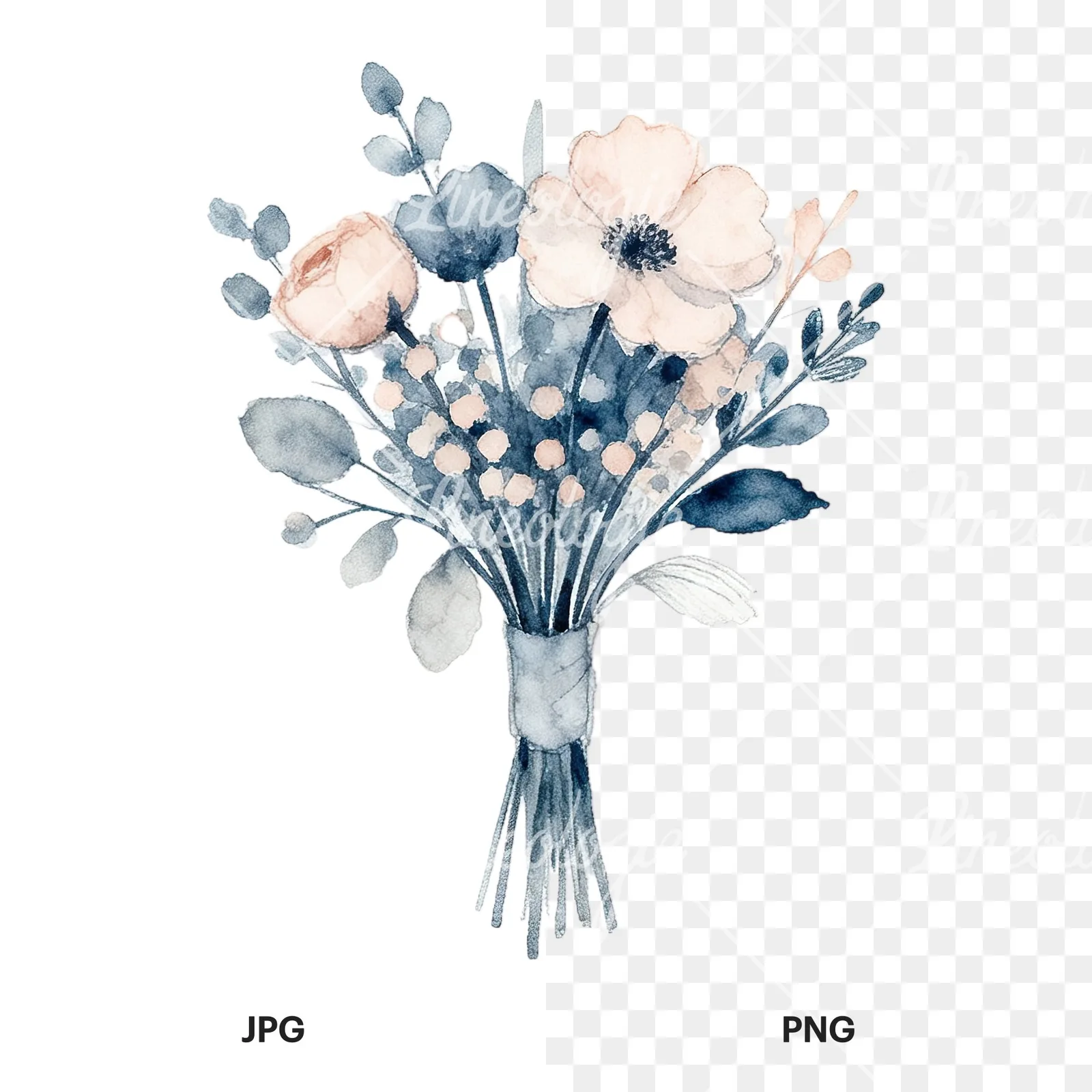 Watercolor dusty blue blush bouquet clipart 6 of 9, as a JPG on white and a transparent PNG
