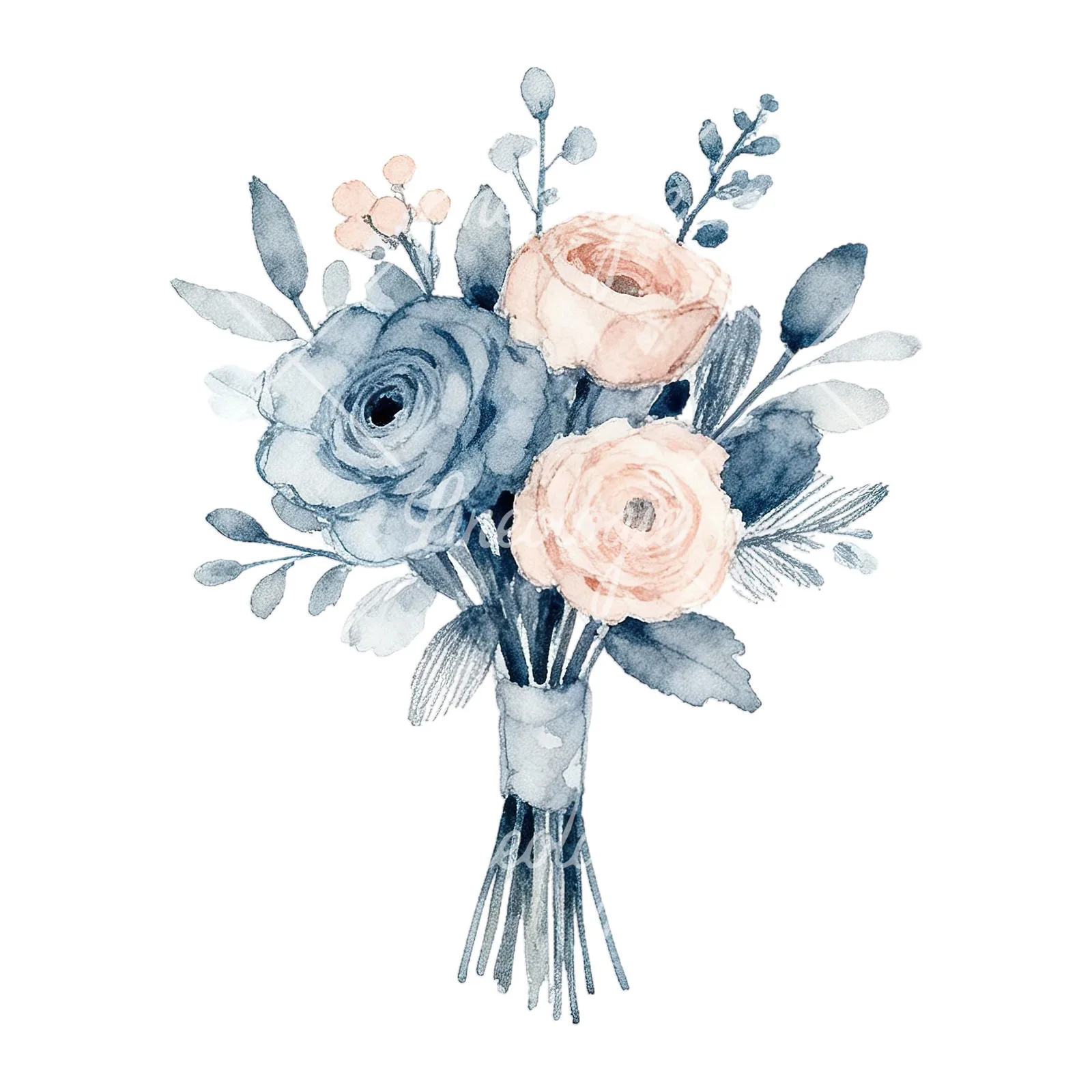 Watercolor dusty blue blush bouquet clipart 7 of 9 on a white background (JPG)