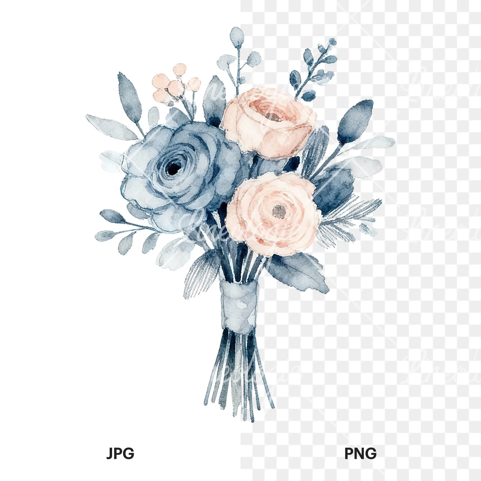 Watercolor dusty blue blush bouquet clipart 7 of 9, as a JPG on white and a transparent PNG
