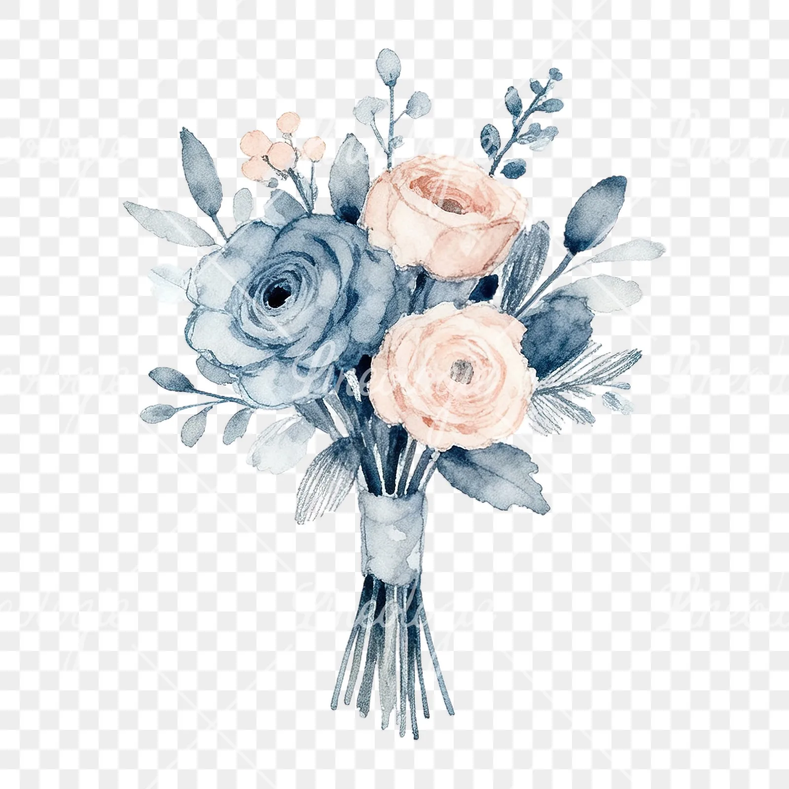 Watercolor dusty blue blush bouquet clipart 7 of 9 on a transparent background (PNG)