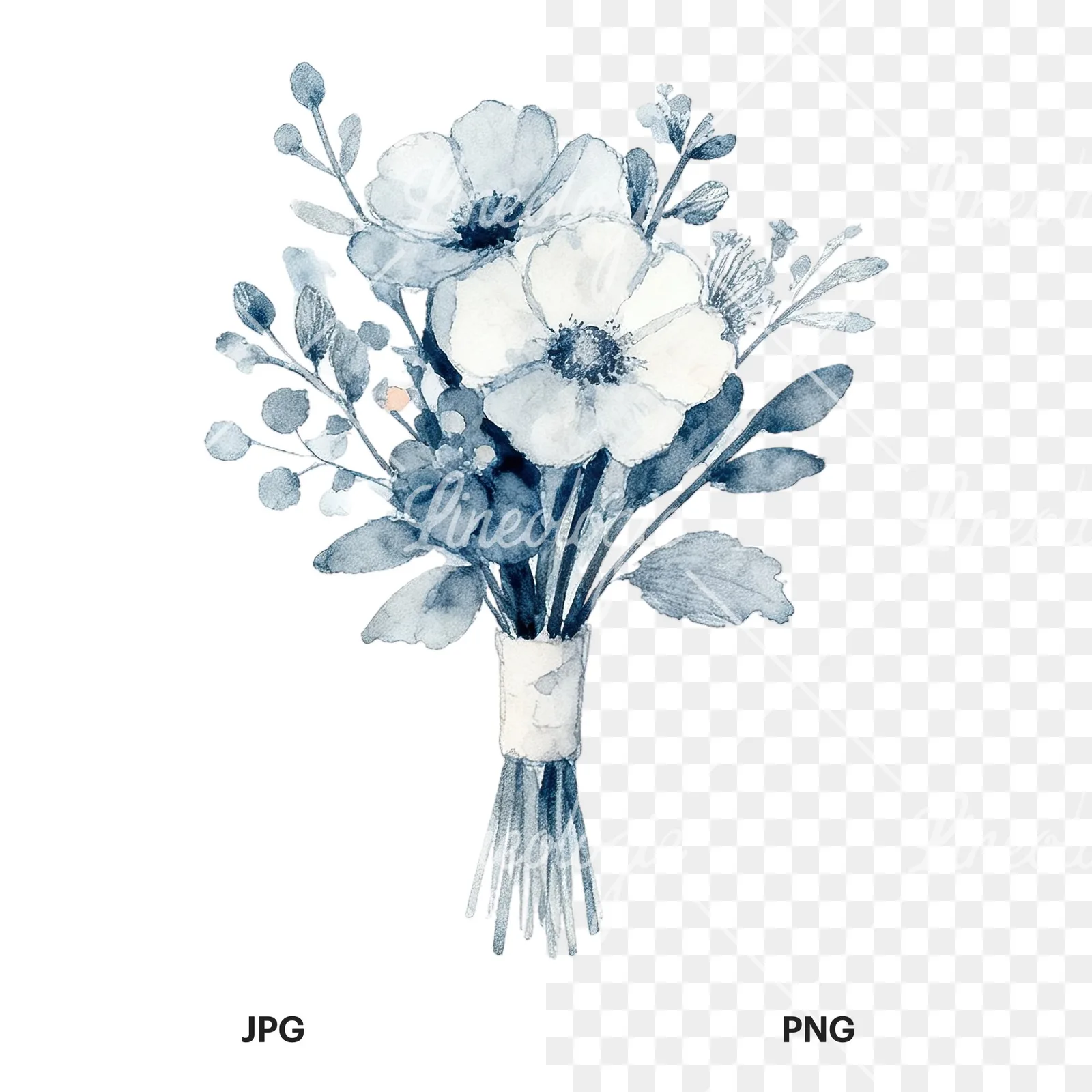 Watercolor dusty blue blush bouquet clipart 8 of 9, as a JPG on white and a transparent PNG