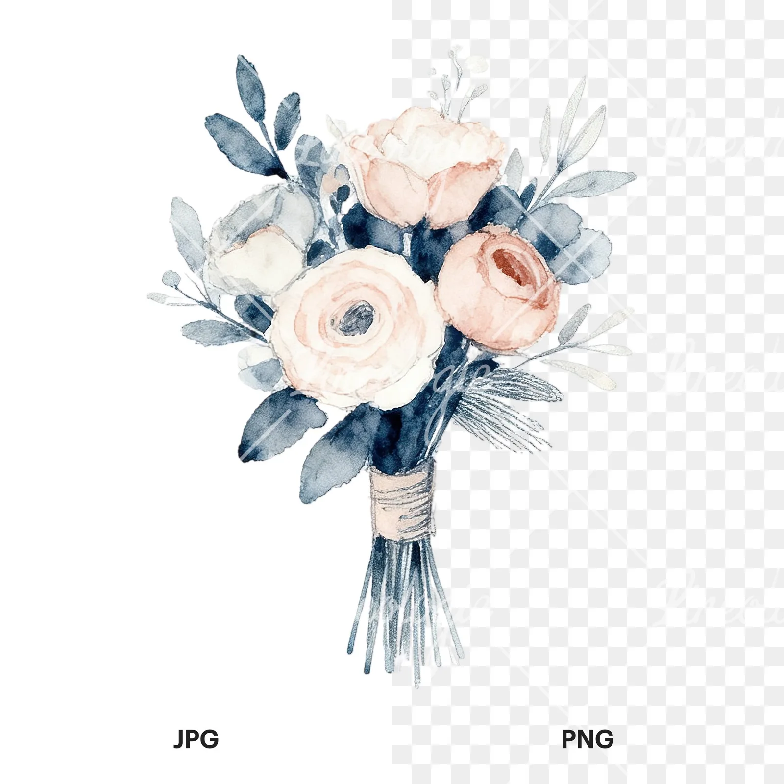 Watercolor dusty blue blush bouquet clipart 9 of 9, as a JPG on white and a transparent PNG
