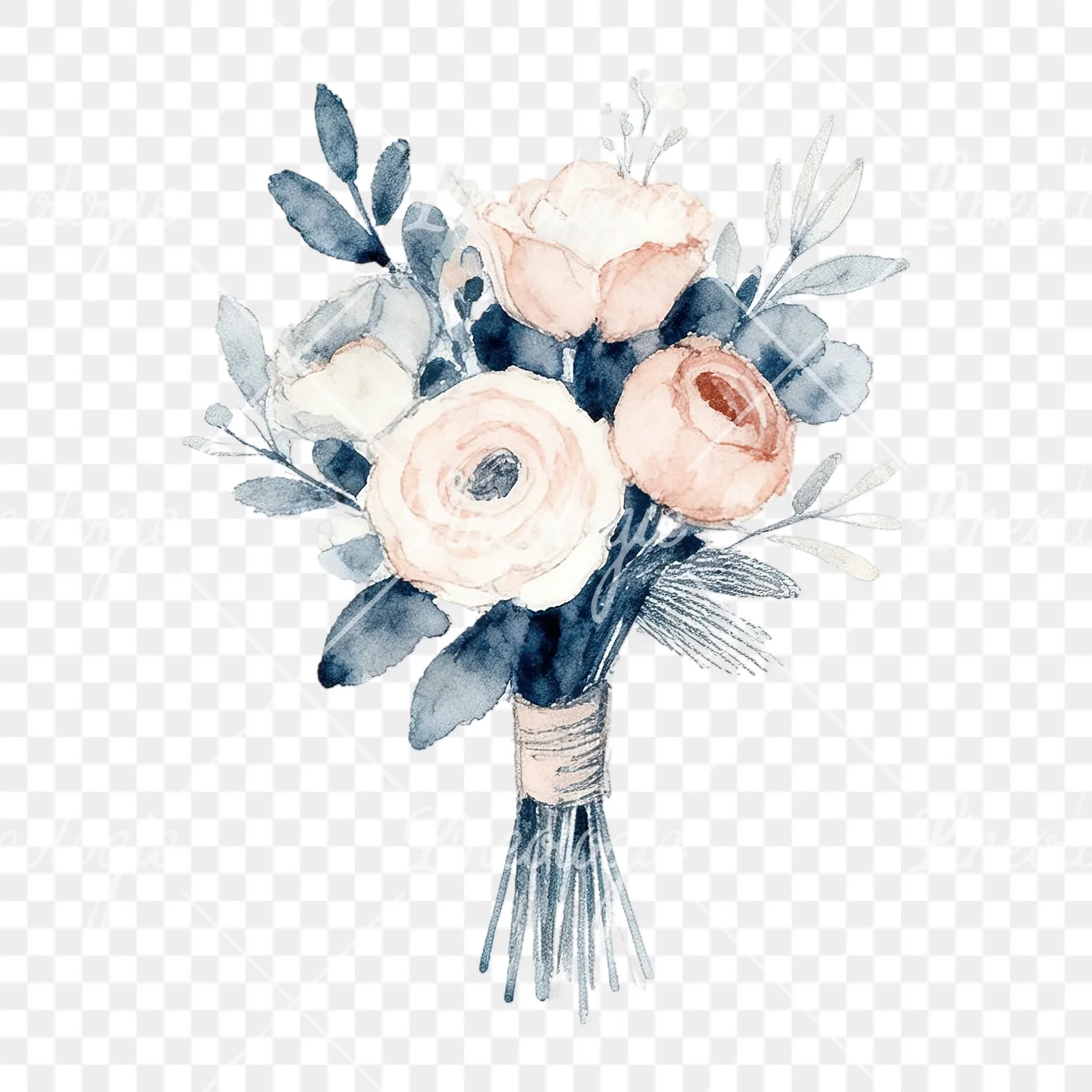 Watercolor dusty blue blush bouquet clipart 9 of 9 on a transparent background (PNG)
