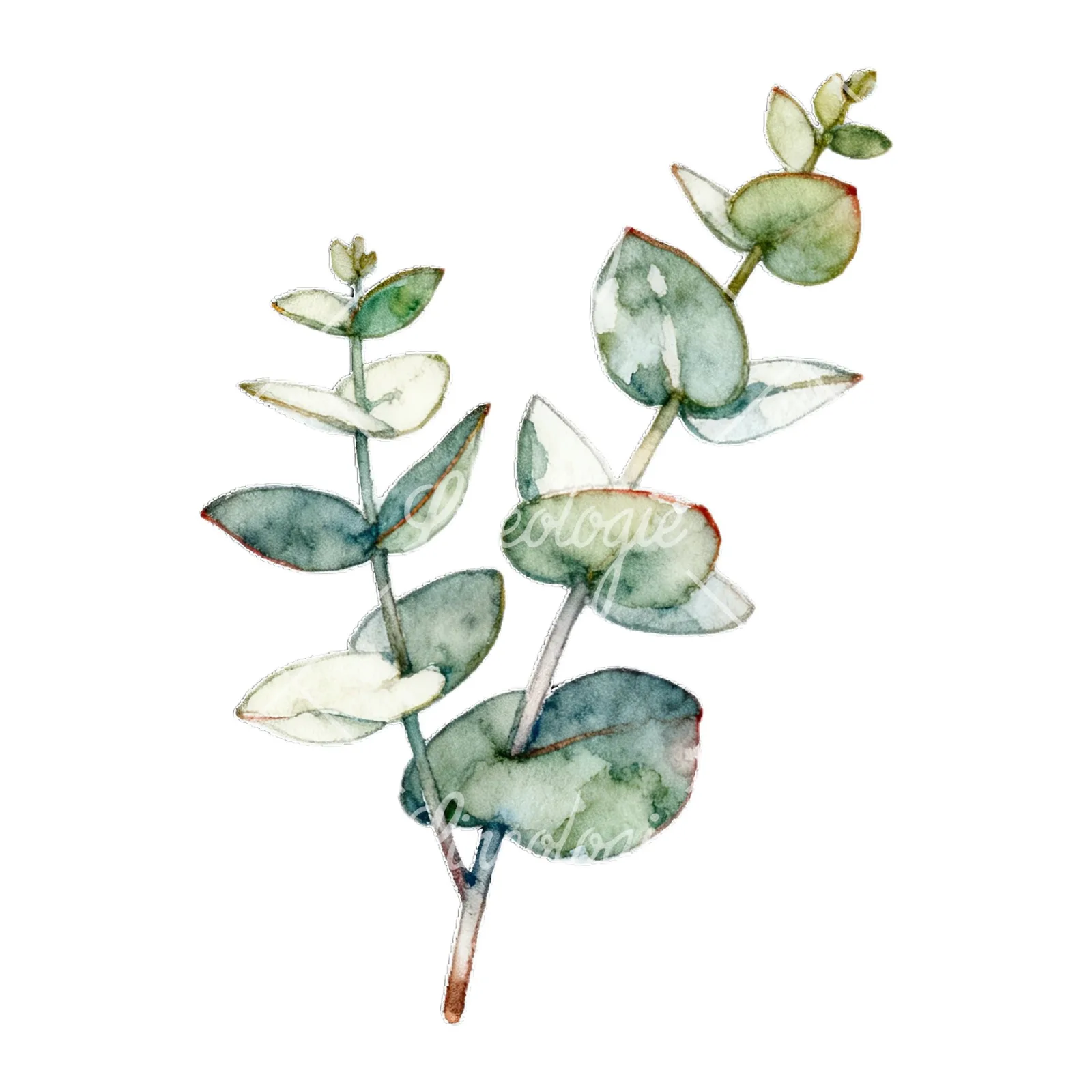 Watercolor eucalyptus branch with flower buds clipart 4 of 9 on a white background (JPG)