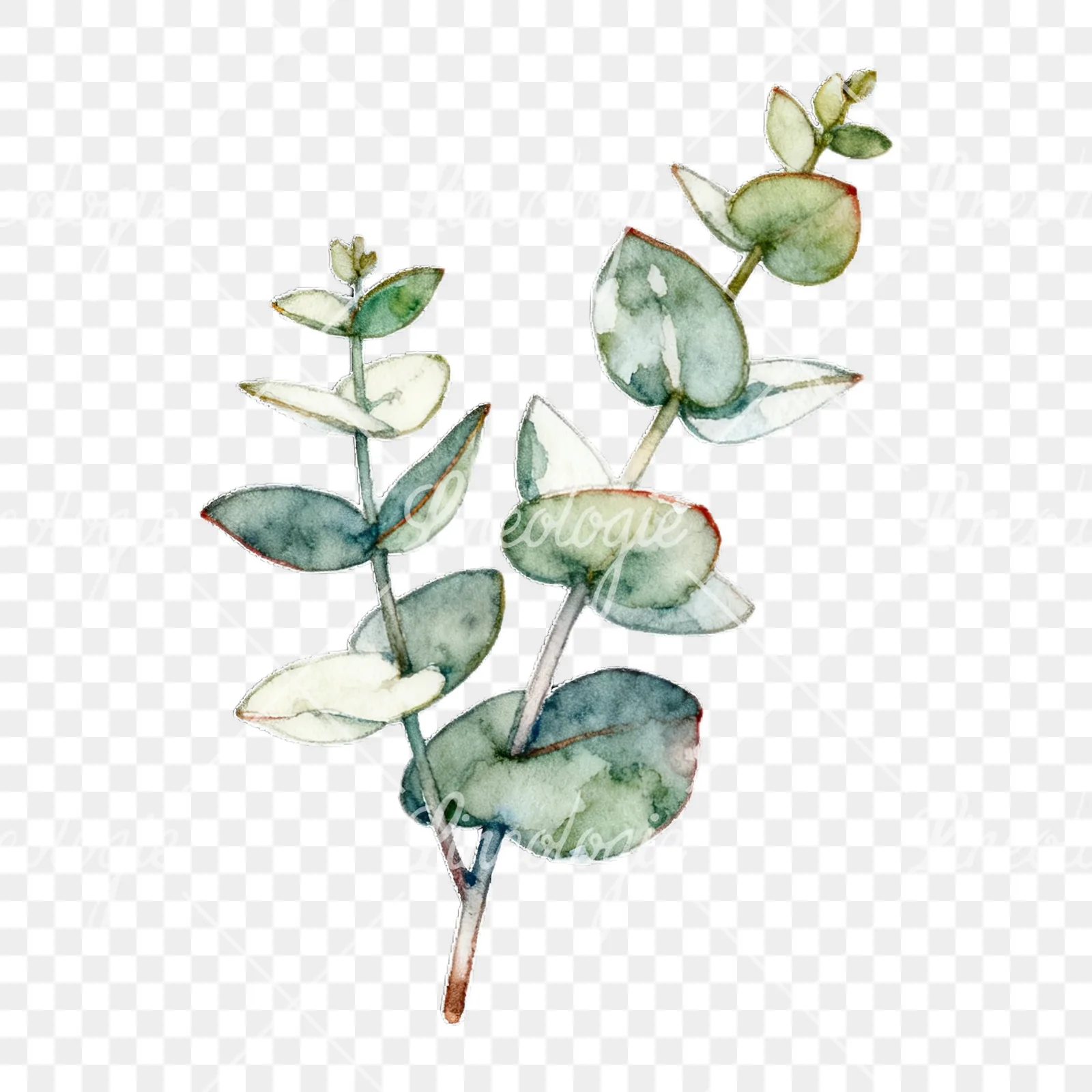 Watercolor eucalyptus branch with flower buds clipart 4 of 9 on a transparent background (PNG)