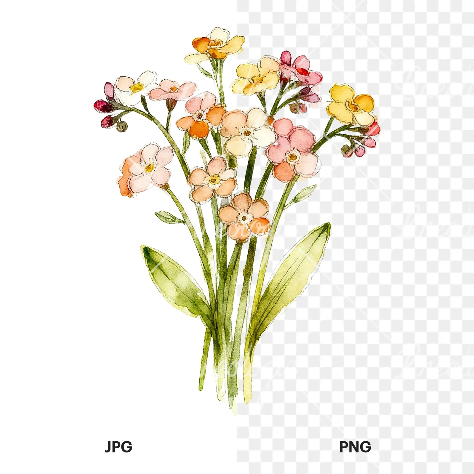 Watercolor multicolor forget me not bouquet clipart 1 of 9, as a JPG on white and a transparent PNG