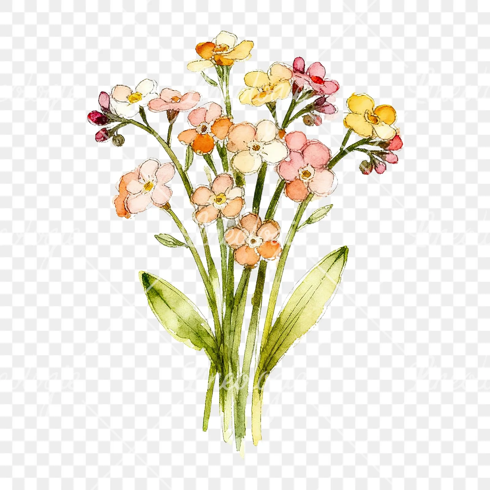 Watercolor multicolor forget me not bouquet clipart 1 of 9 on a transparent background (PNG)