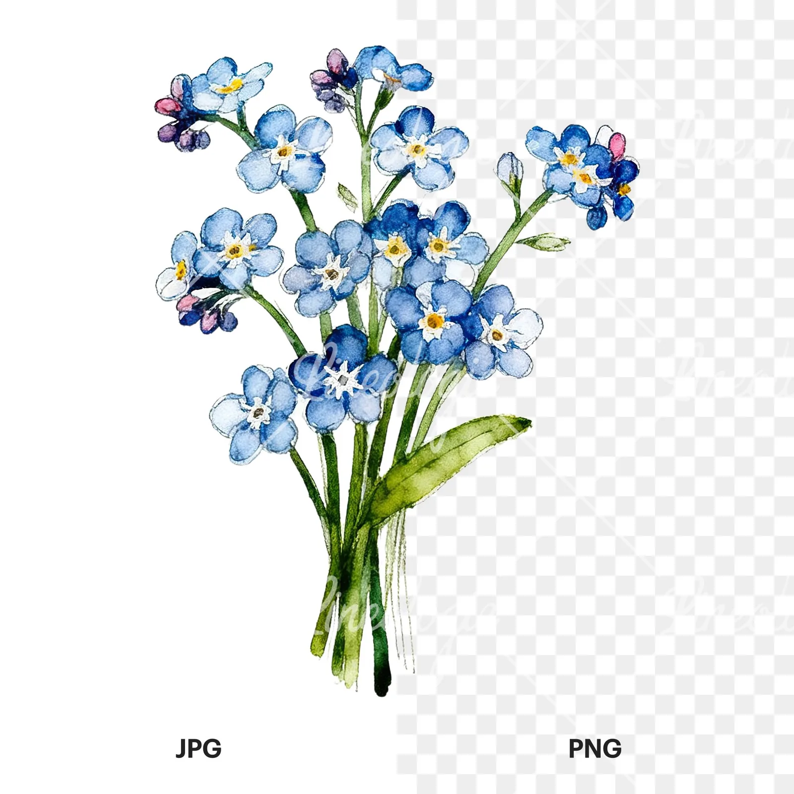 Watercolor multicolor forget me not bouquet clipart 2 of 9, as a JPG on white and a transparent PNG