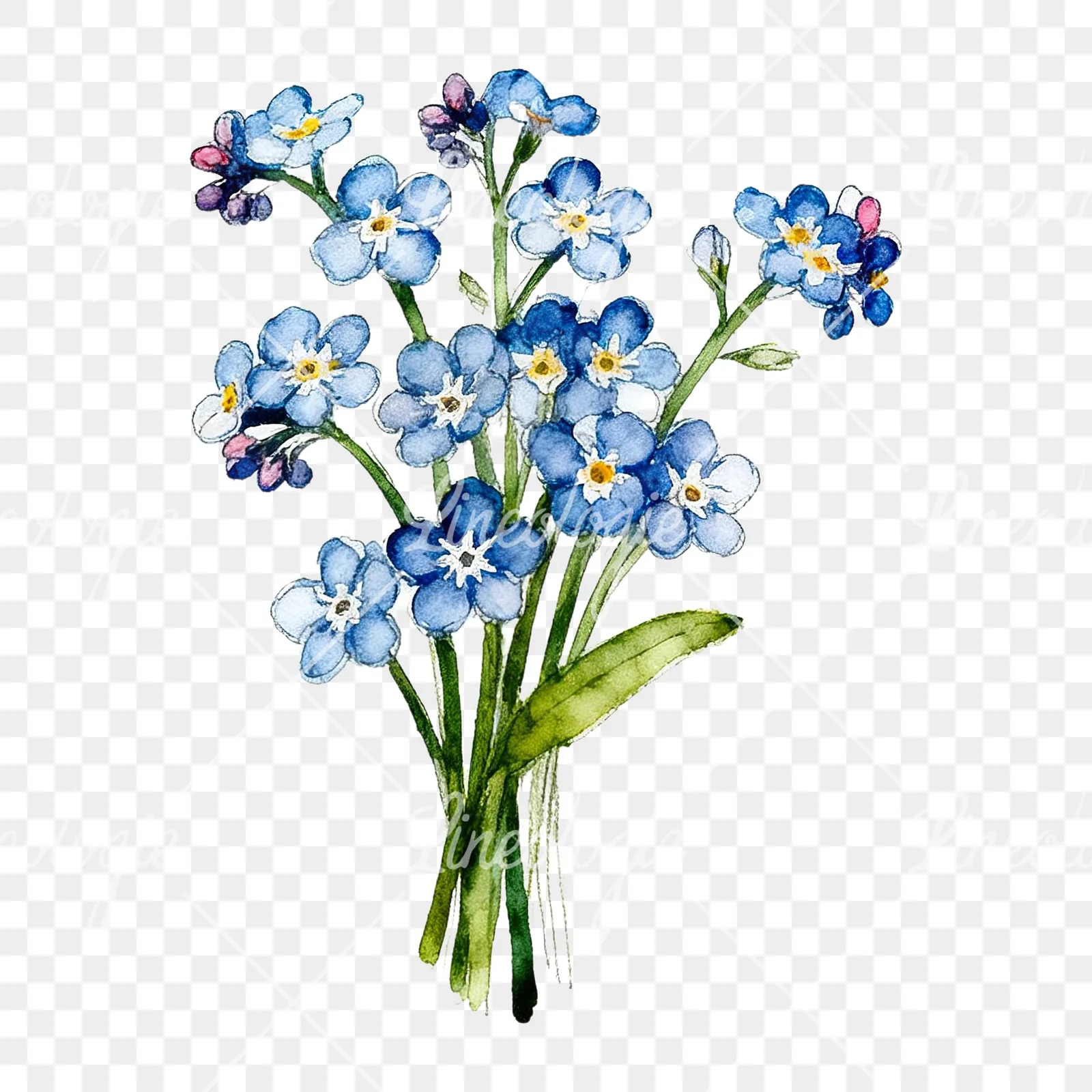 Watercolor multicolor forget me not bouquet clipart 2 of 9 on a transparent background (PNG)