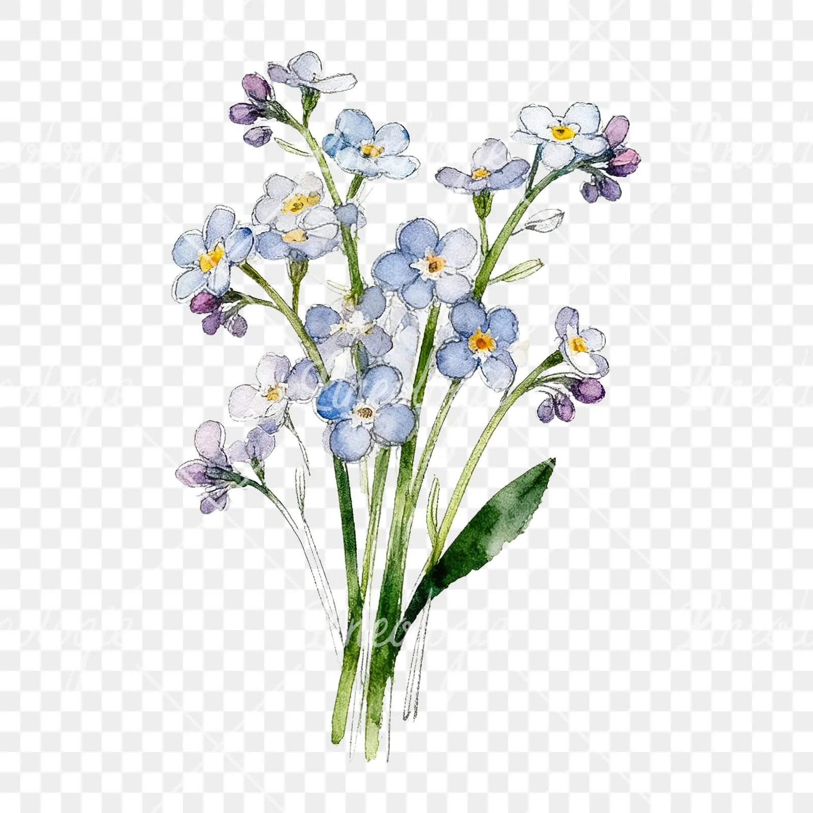 Watercolor multicolor forget me not bouquet clipart 3 of 9 on a transparent background (PNG)