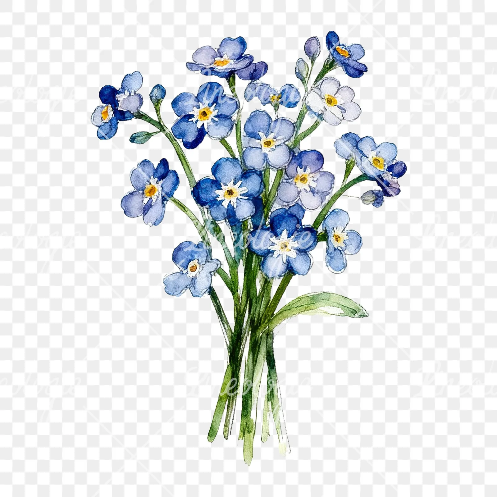 Watercolor multicolor forget me not bouquet clipart 4 of 9 on a transparent background (PNG)