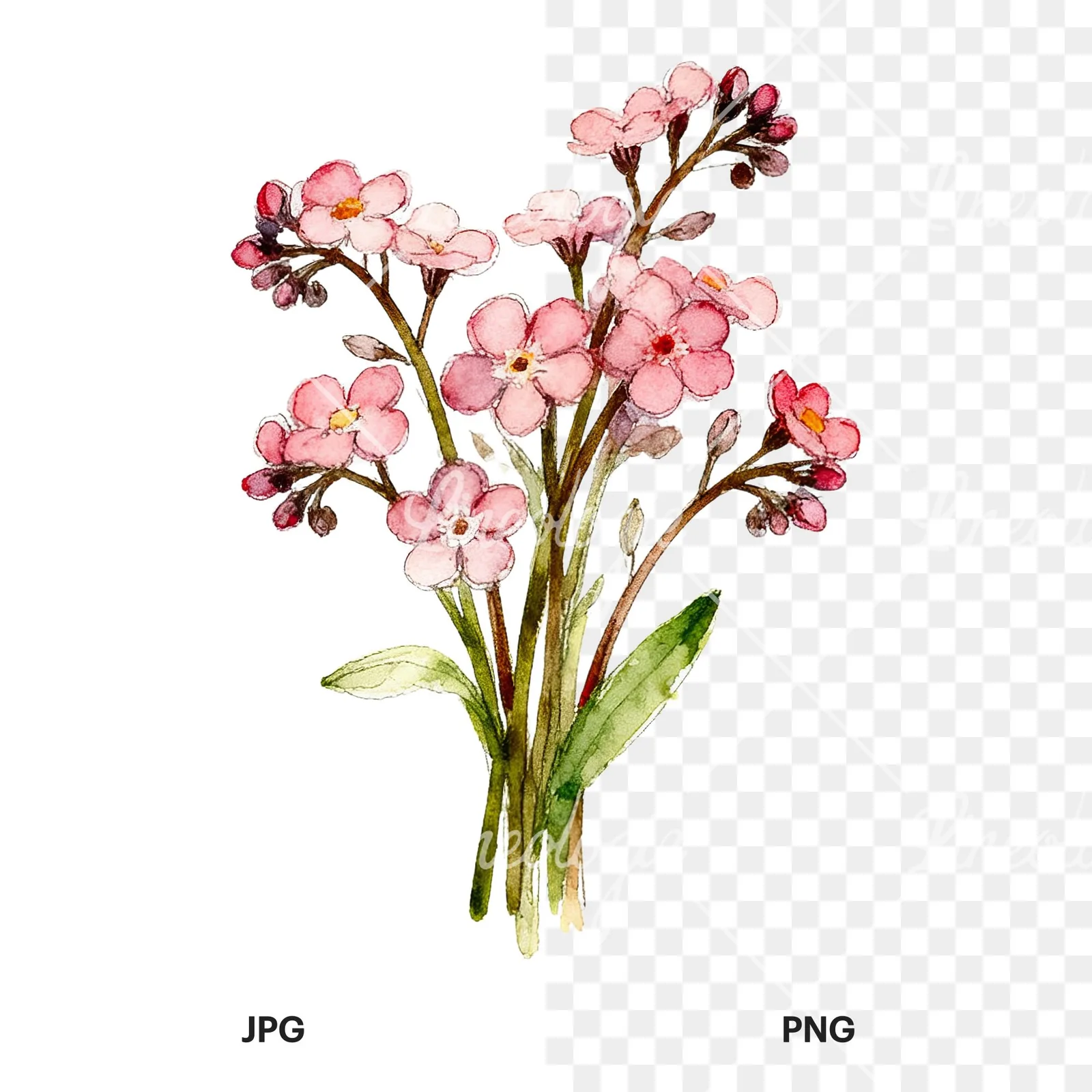 Watercolor multicolor forget me not bouquet clipart 5 of 9, as a JPG on white and a transparent PNG