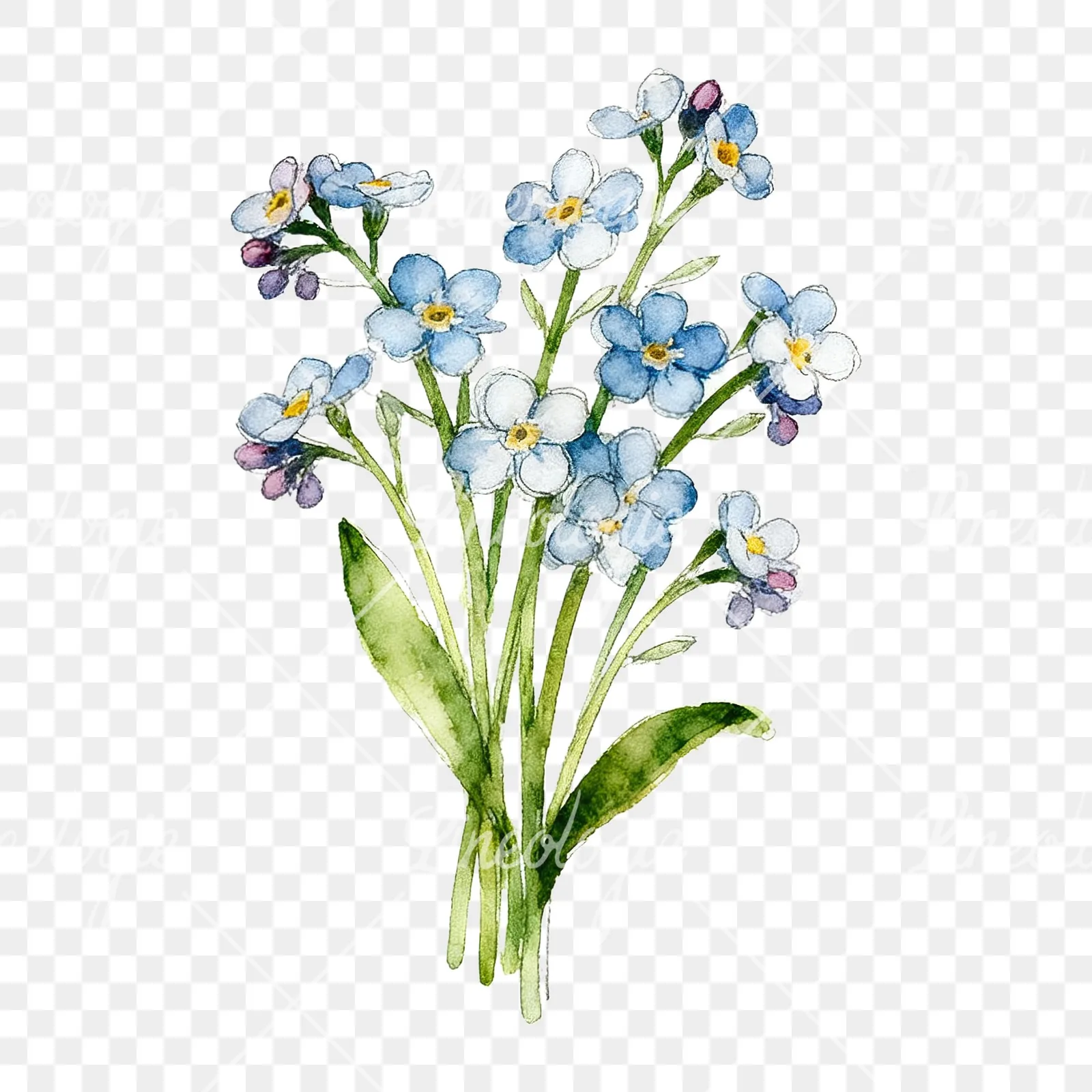 Watercolor multicolor forget me not bouquet clipart 6 of 9 on a transparent background (PNG)