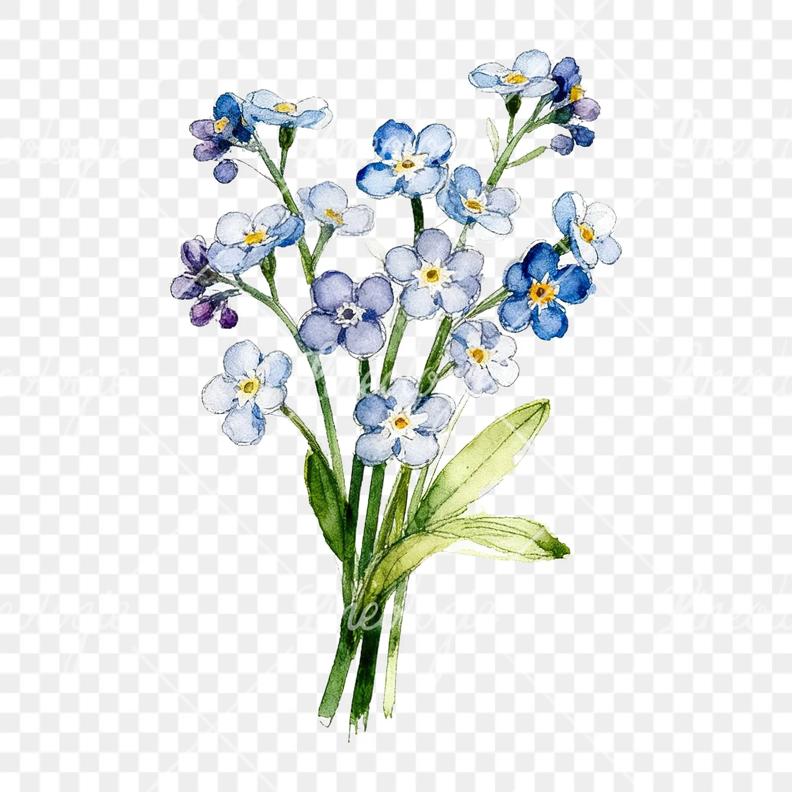 Watercolor multicolor forget me not bouquet clipart 7 of 9 on a transparent background (PNG)