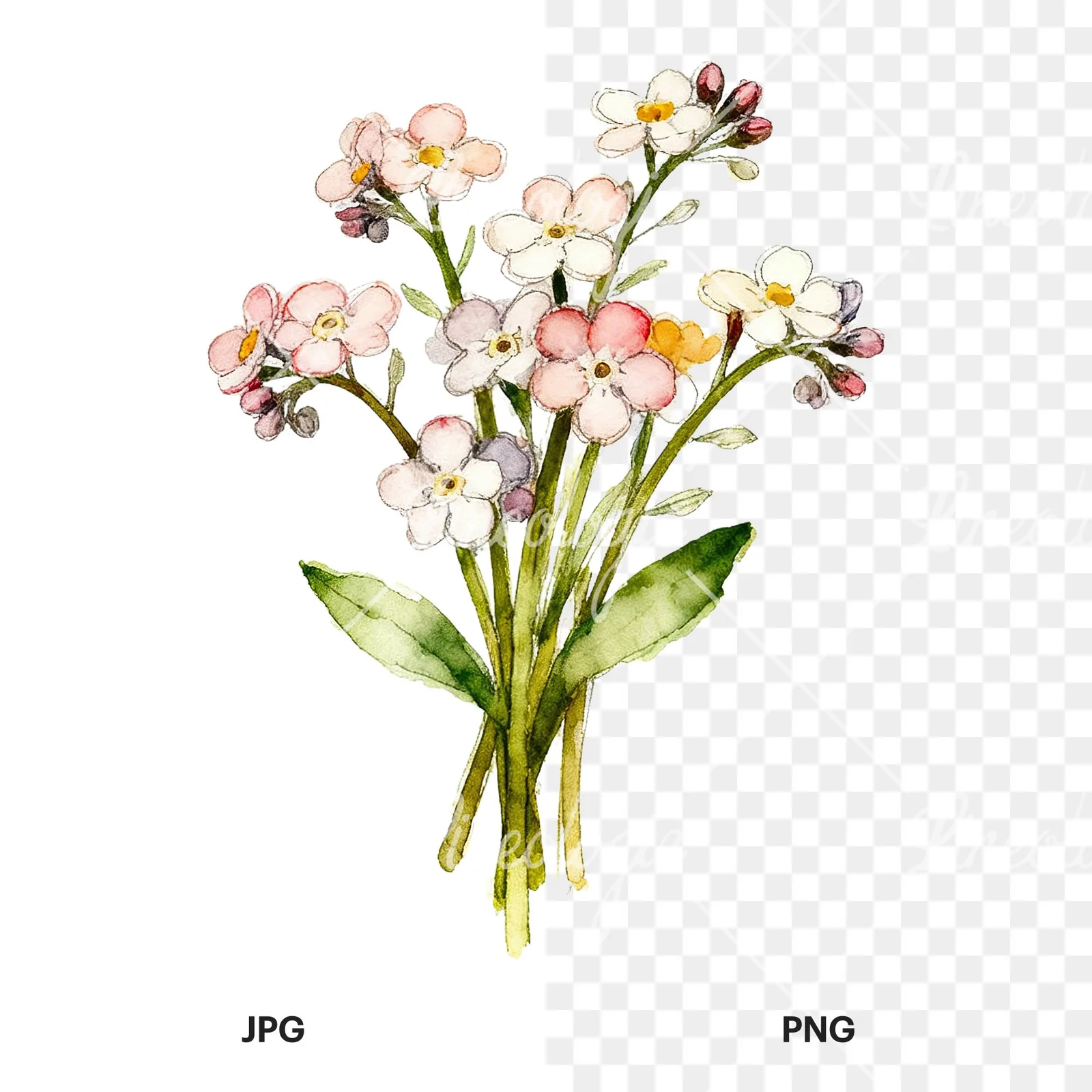 Watercolor multicolor forget me not bouquet clipart 8 of 9, as a JPG on white and a transparent PNG