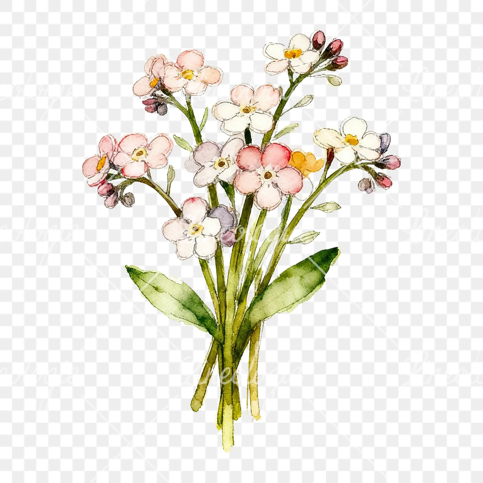 Watercolor multicolor forget me not bouquet clipart 8 of 9 on a transparent background (PNG)