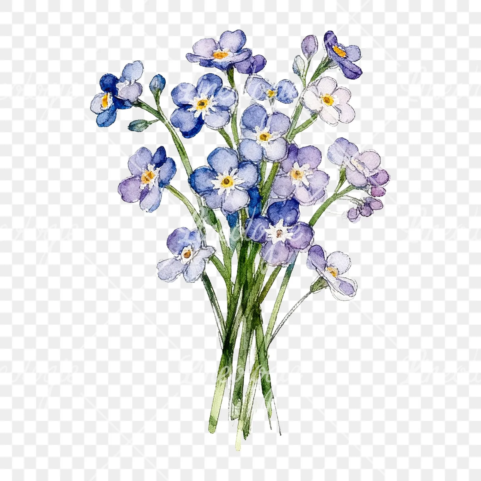 Watercolor multicolor forget me not bouquet clipart 9 of 9 on a transparent background (PNG)