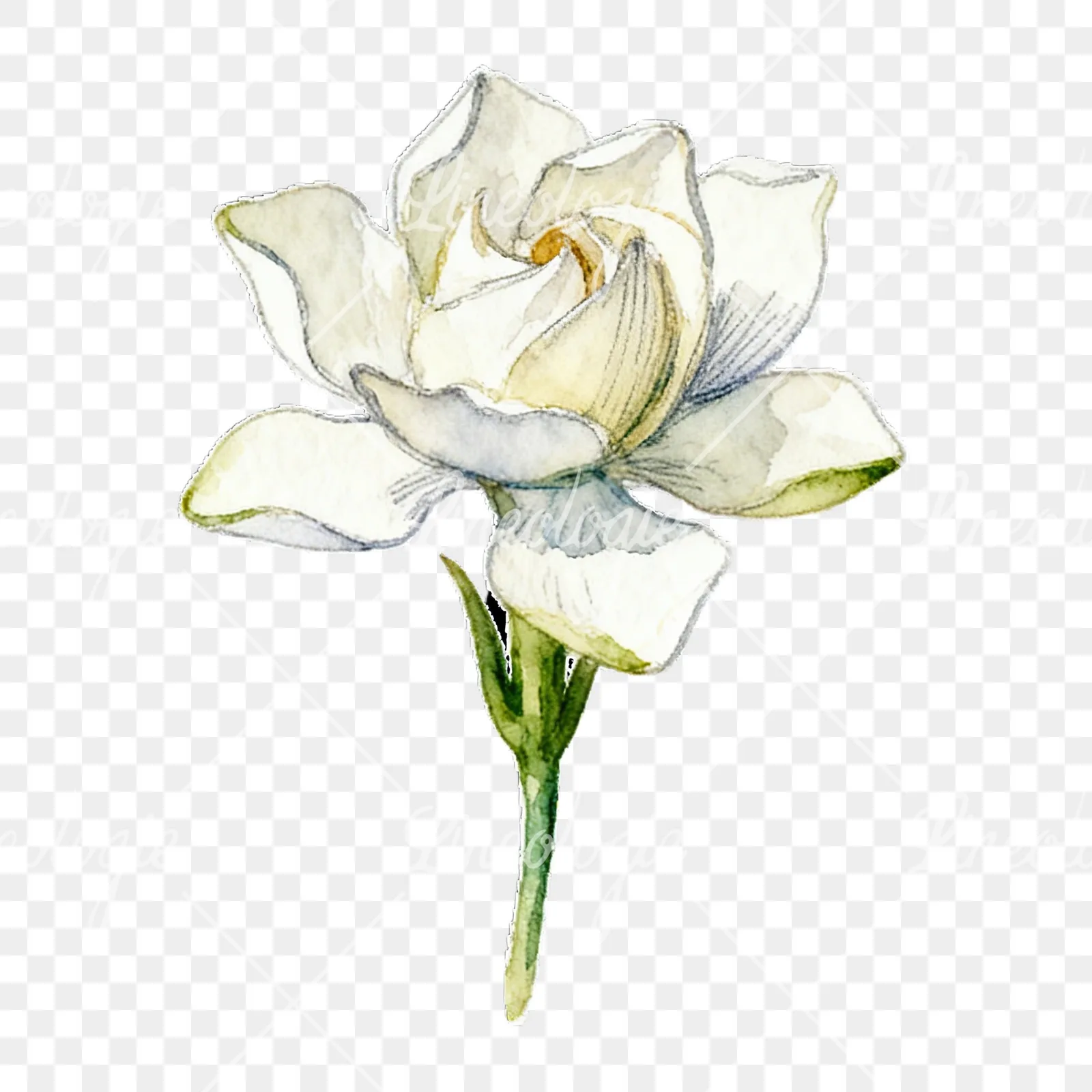 Watercolor cream gardenia single bloom clipart 1 of 9 on a transparent background (PNG)