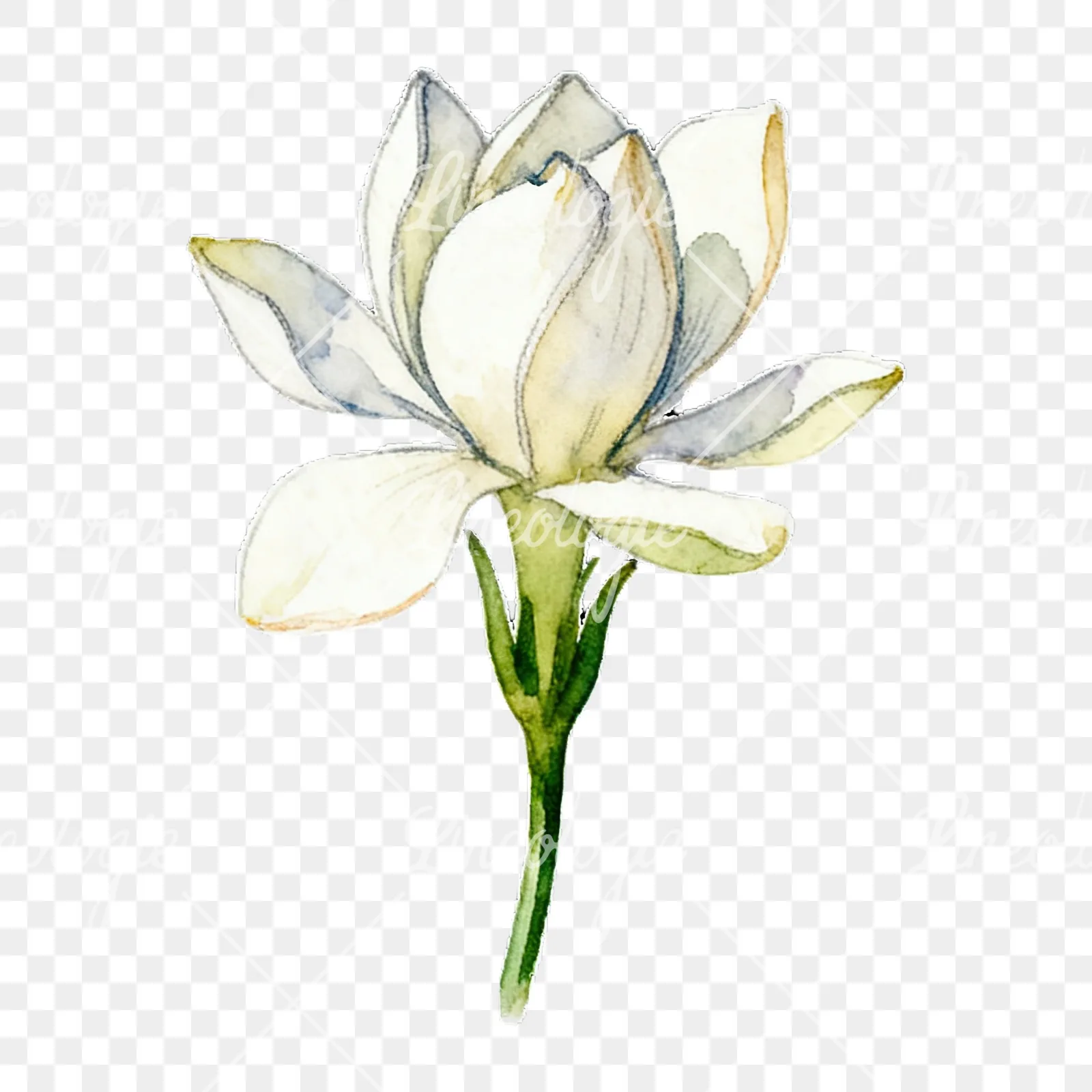 Watercolor cream gardenia single bloom clipart 2 of 9 on a transparent background (PNG)