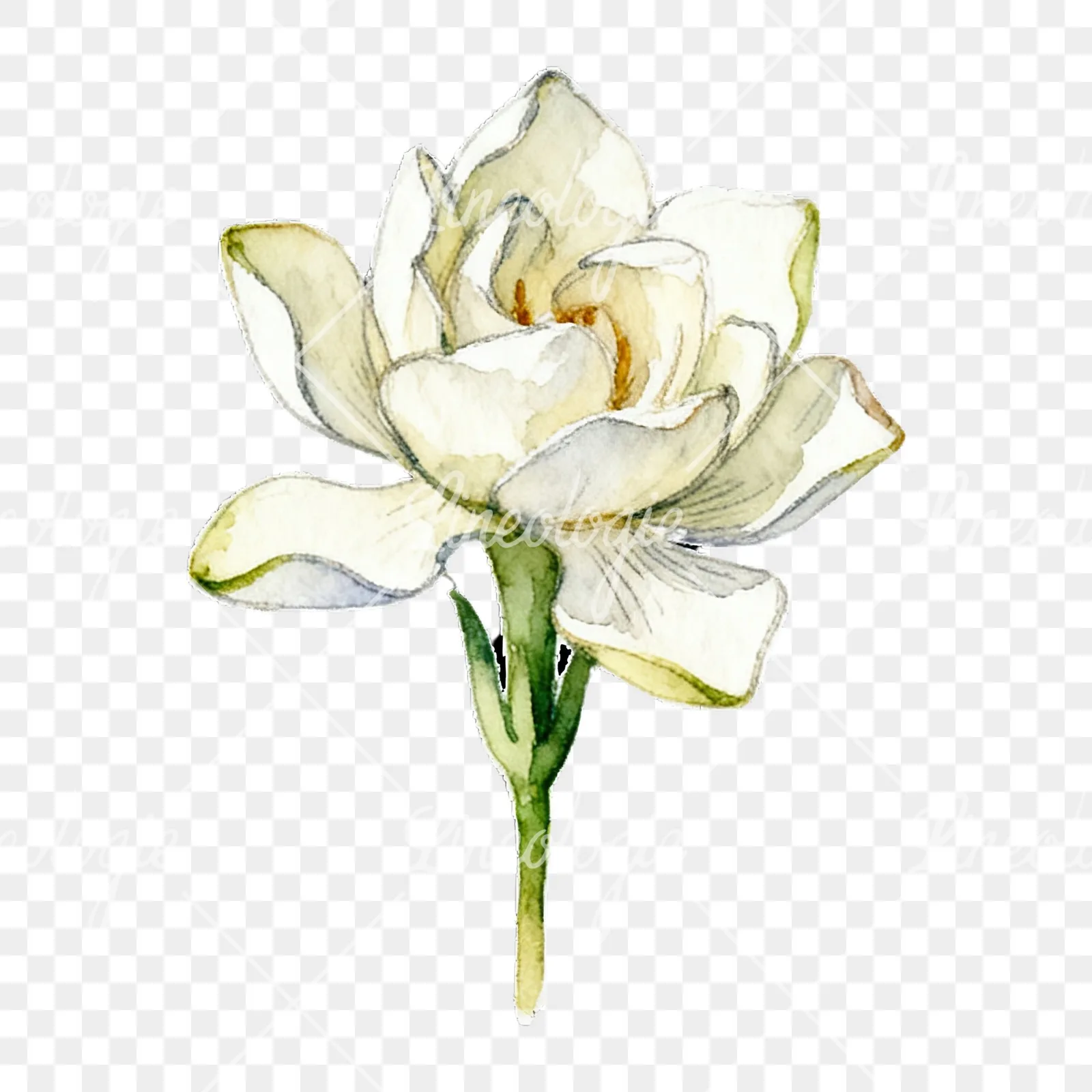 Watercolor cream gardenia single bloom clipart 4 of 9 on a transparent background (PNG)