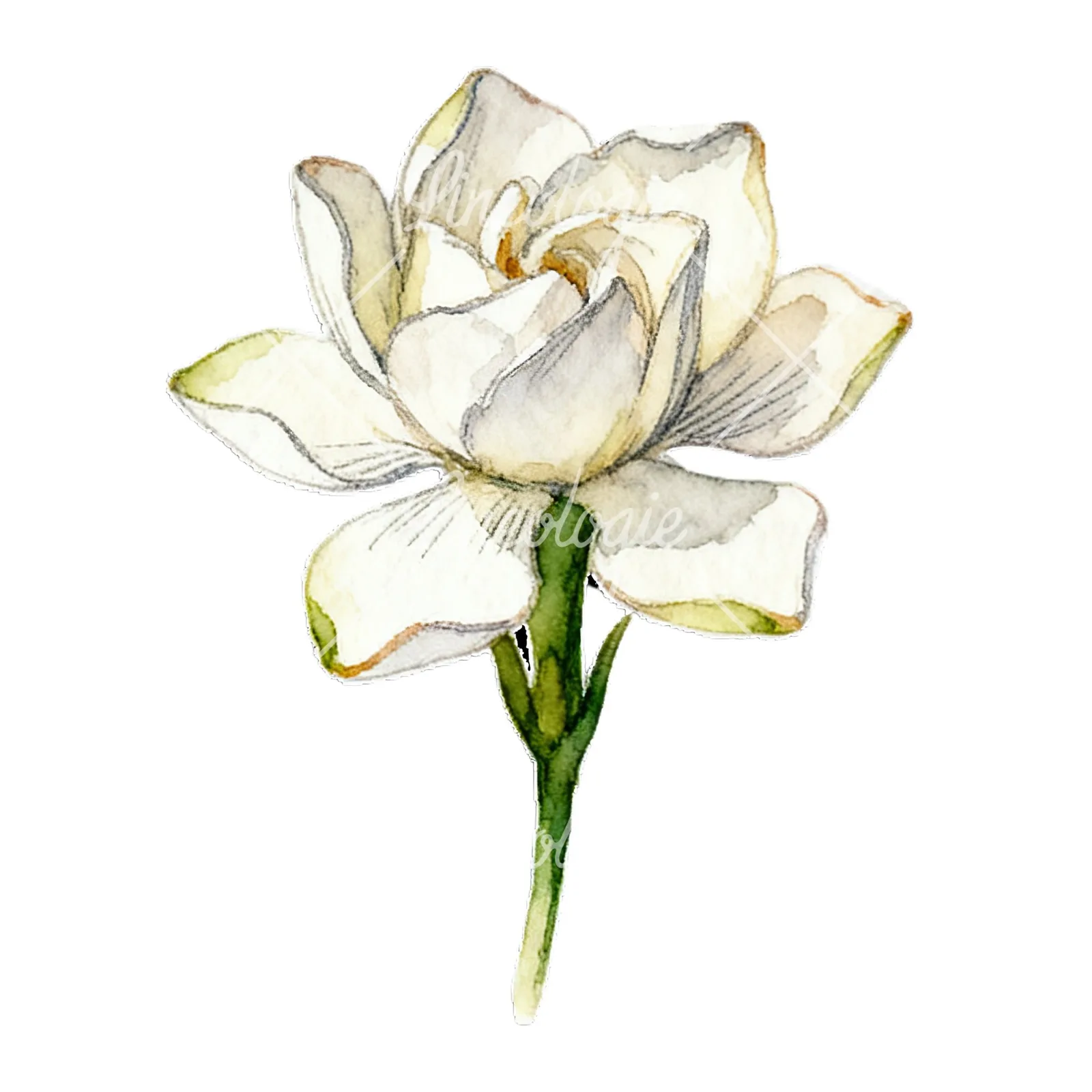 Watercolor cream gardenia single bloom clipart 7 of 9 on a white background (JPG)