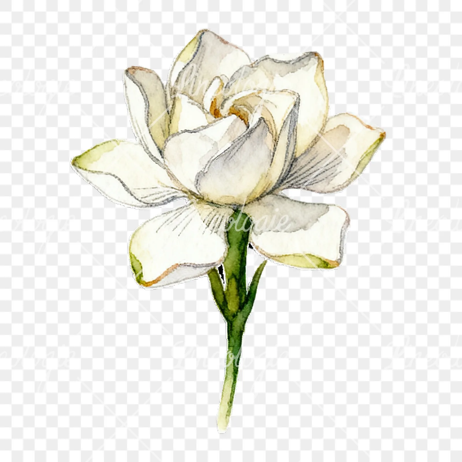 Watercolor cream gardenia single bloom clipart 7 of 9 on a transparent background (PNG)