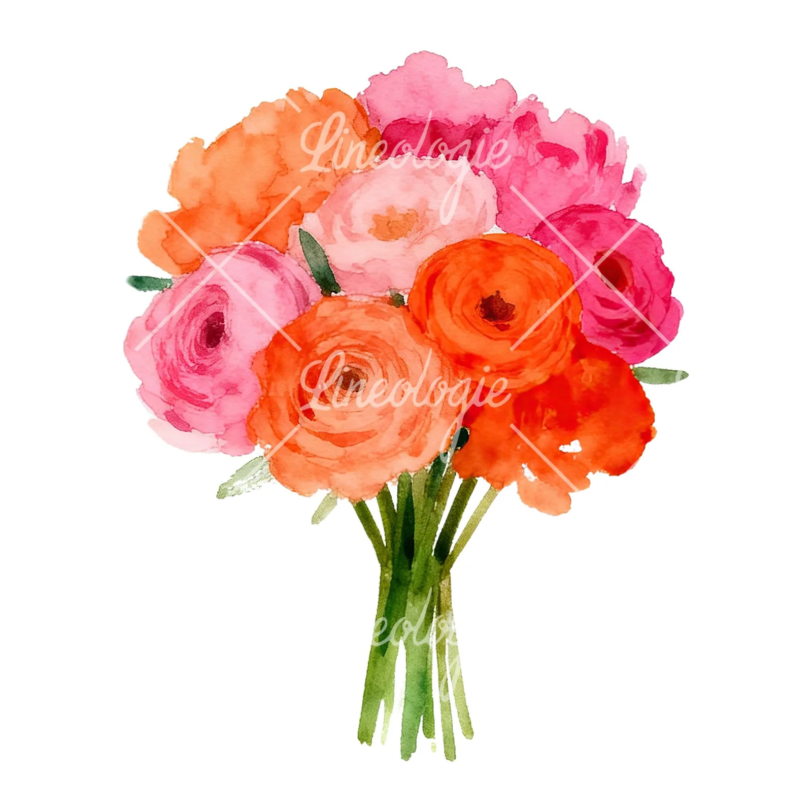 Watercolor hot pink and orange wedding bouquet tightly clustered clipart 2 of 9 on a white background (JPG)