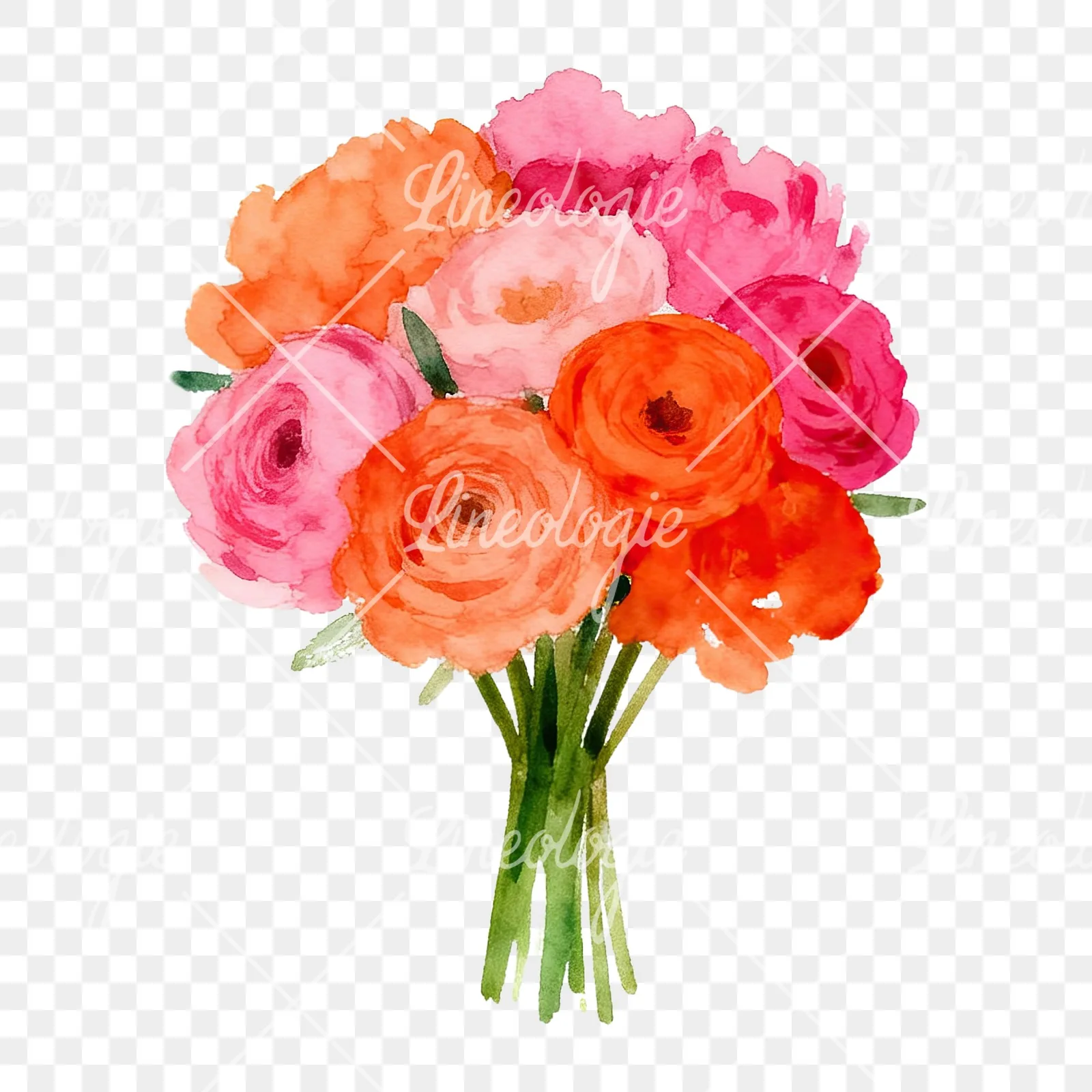 Watercolor hot pink and orange wedding bouquet tightly clustered clipart 2 of 9 on a transparent background (PNG)