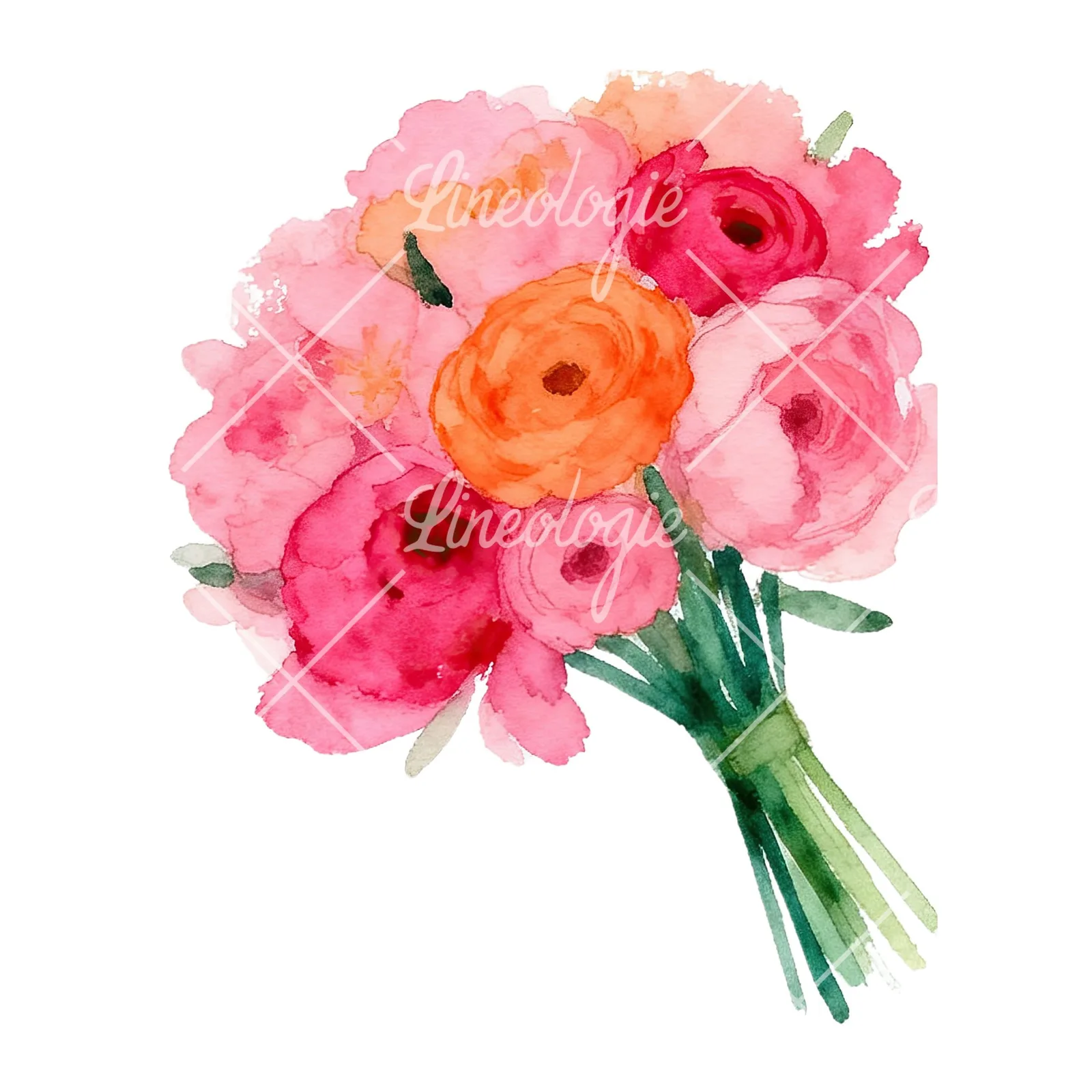 Watercolor hot pink and orange wedding bouquet tightly clustered clipart 3 of 9 on a white background (JPG)