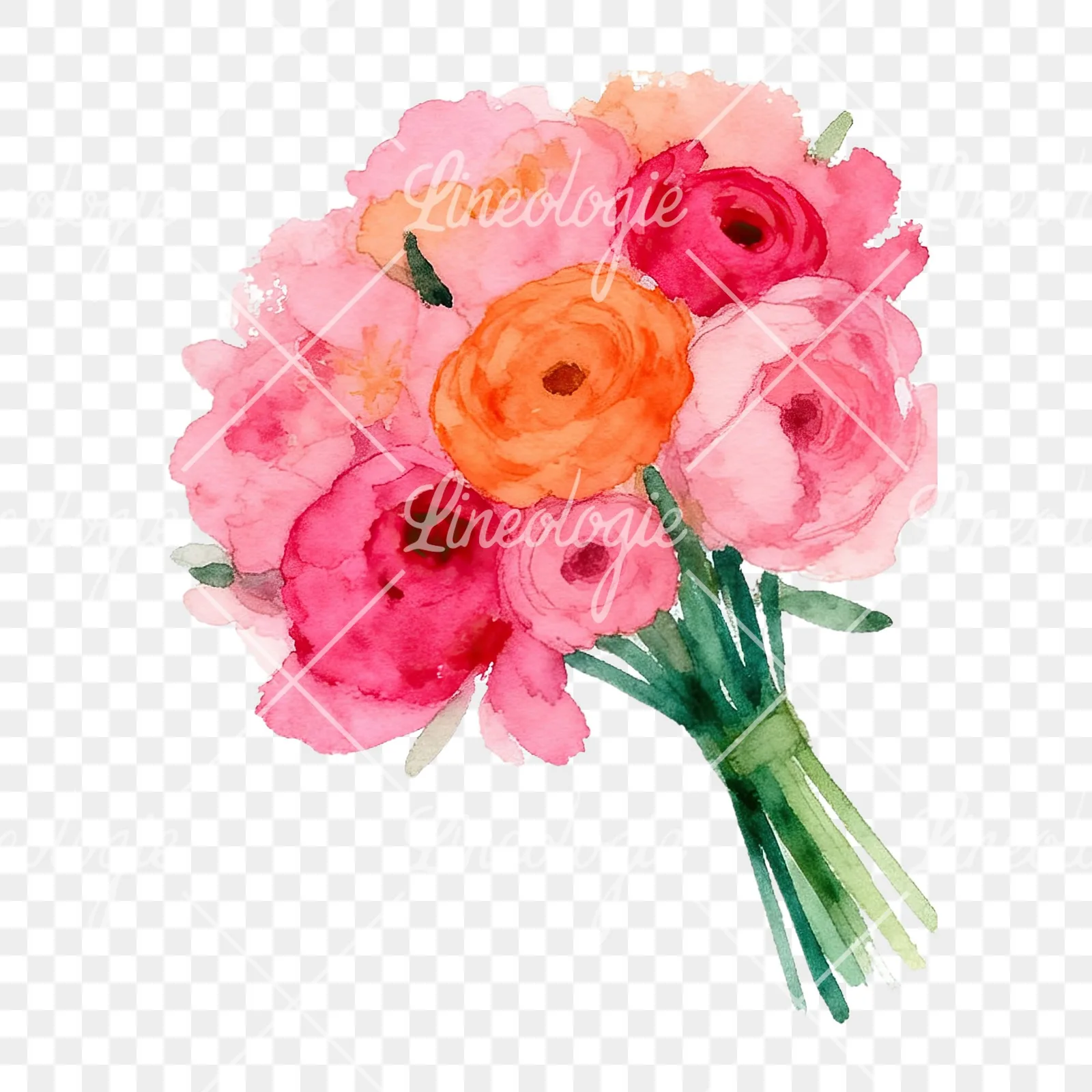 Watercolor hot pink and orange wedding bouquet tightly clustered clipart 3 of 9 on a transparent background (PNG)