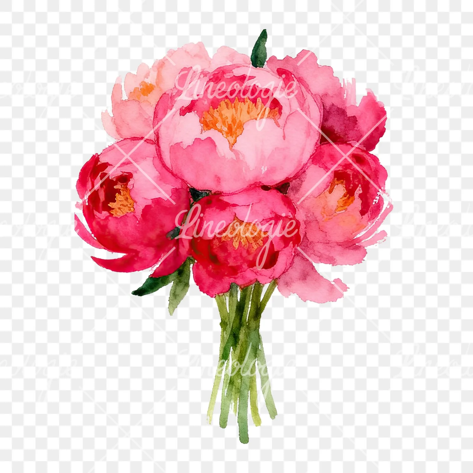 Watercolor hot pink and orange wedding bouquet tightly clustered clipart 4 of 9 on a transparent background (PNG)