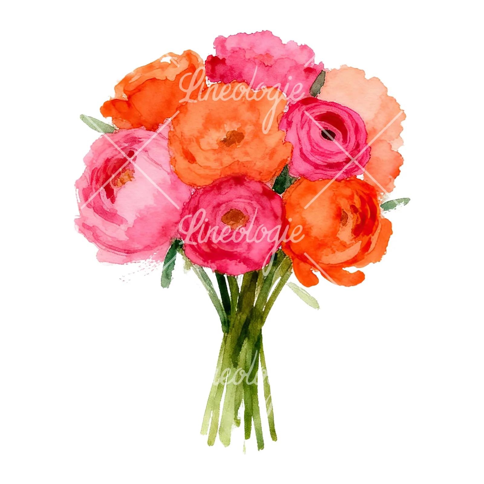 Watercolor hot pink and orange wedding bouquet tightly clustered clipart 5 of 9 on a white background (JPG)