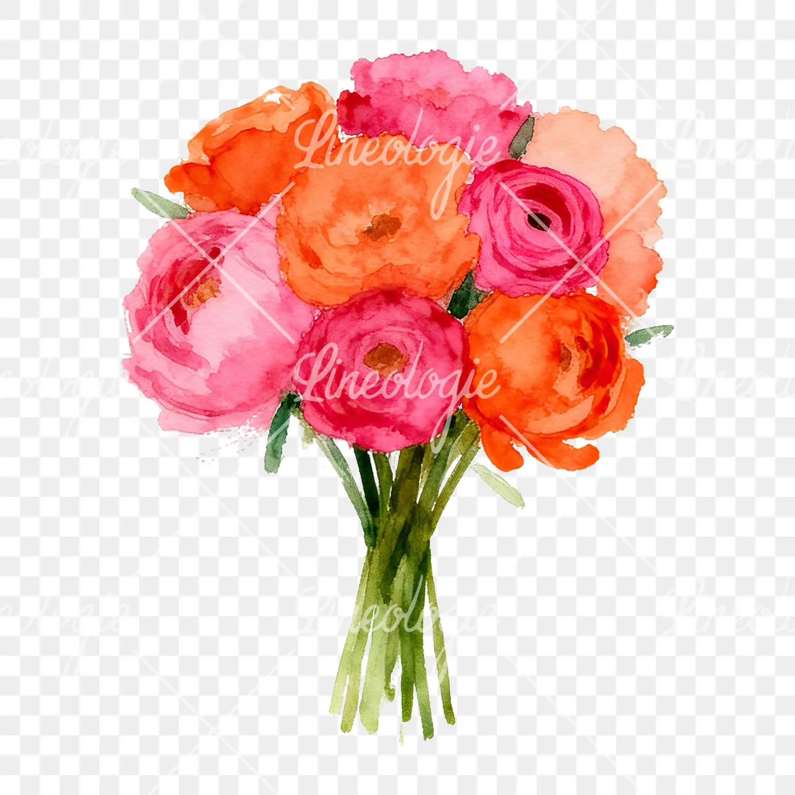 Watercolor hot pink and orange wedding bouquet tightly clustered clipart 5 of 9 on a transparent background (PNG)